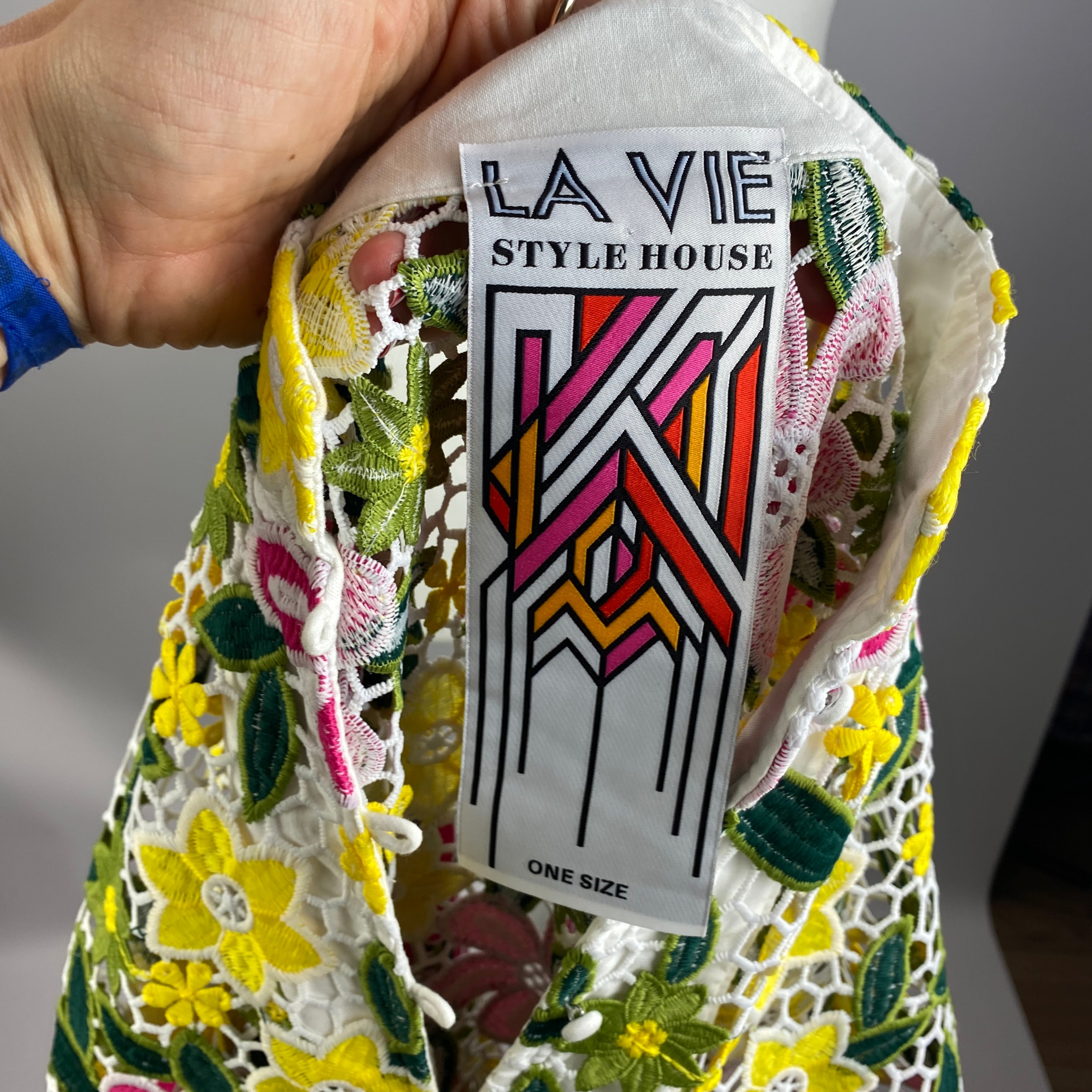 La Vie Style House New £655 Pink & Yellow Lace Maxi Caftan Dress O/S
