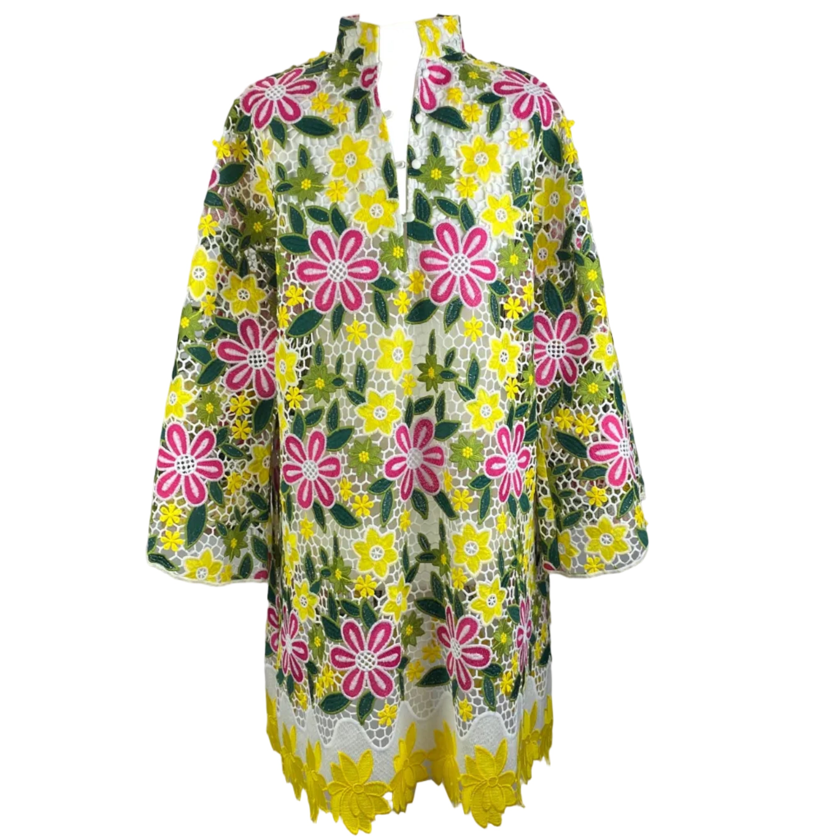 La Vie Style House New £655 Pink & Yellow Lace Maxi Caftan Dress O/S