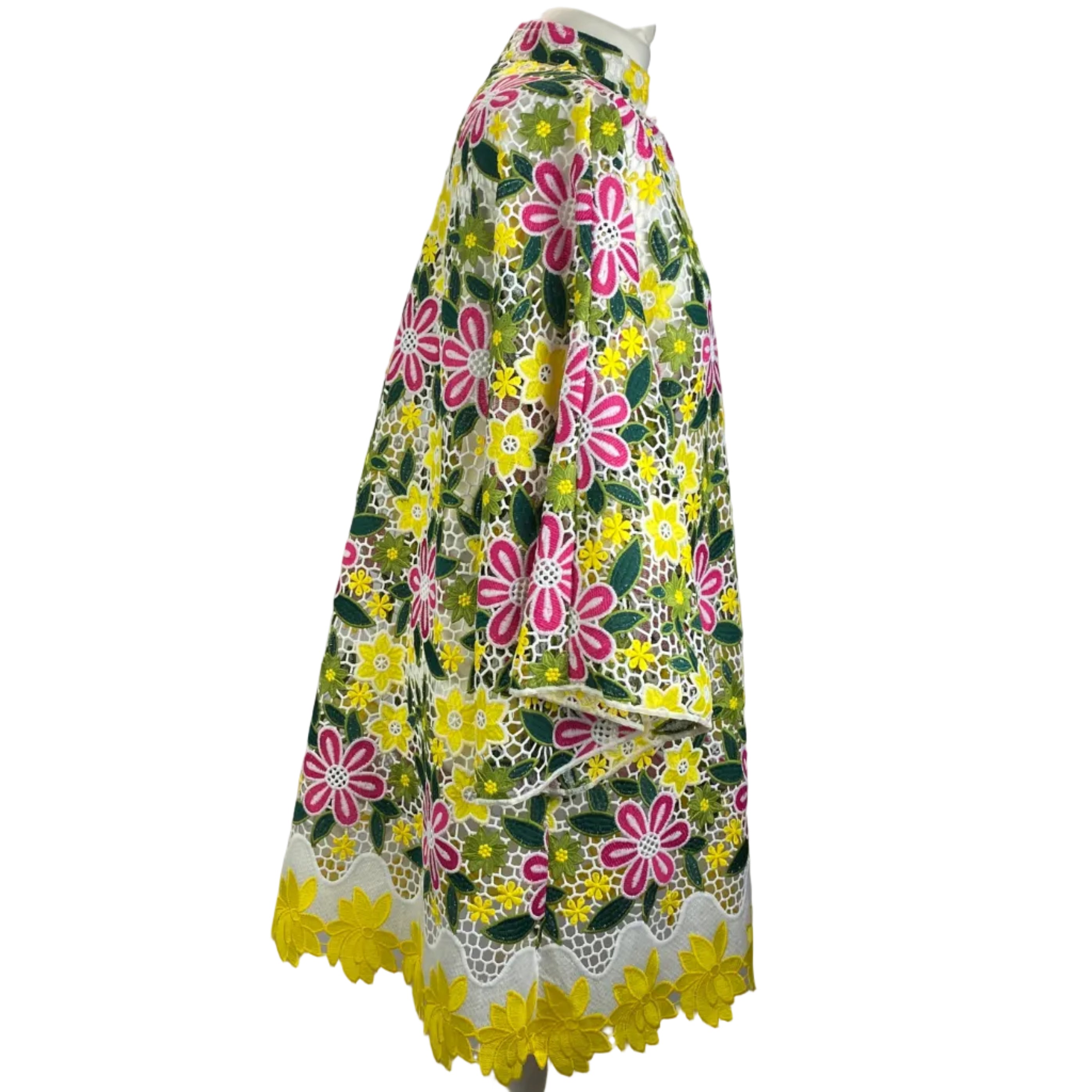 La Vie Style House New £655 Pink & Yellow Lace Maxi Caftan Dress O/S