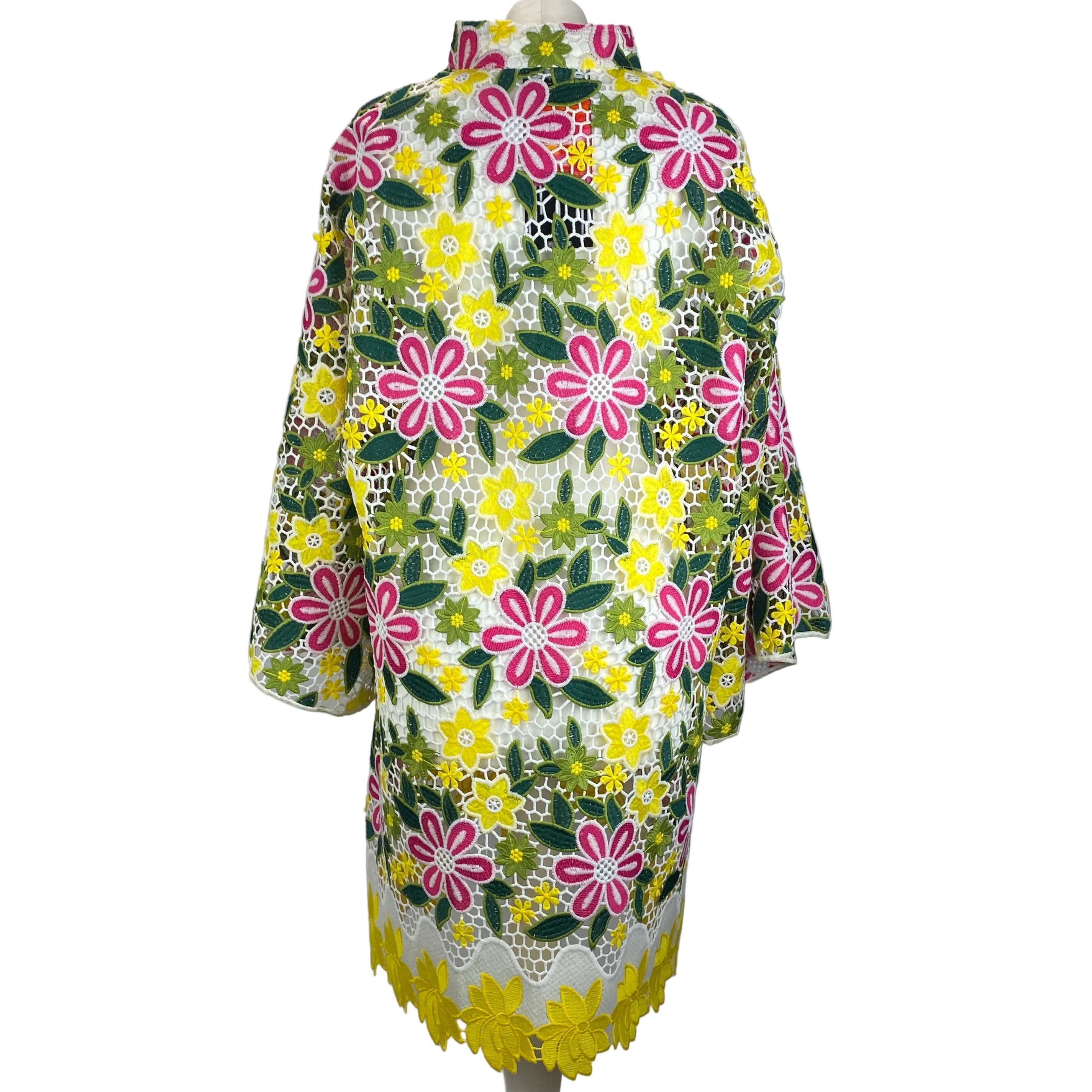 La Vie Style House New £655 Pink & Yellow Lace Maxi Caftan Dress O/S