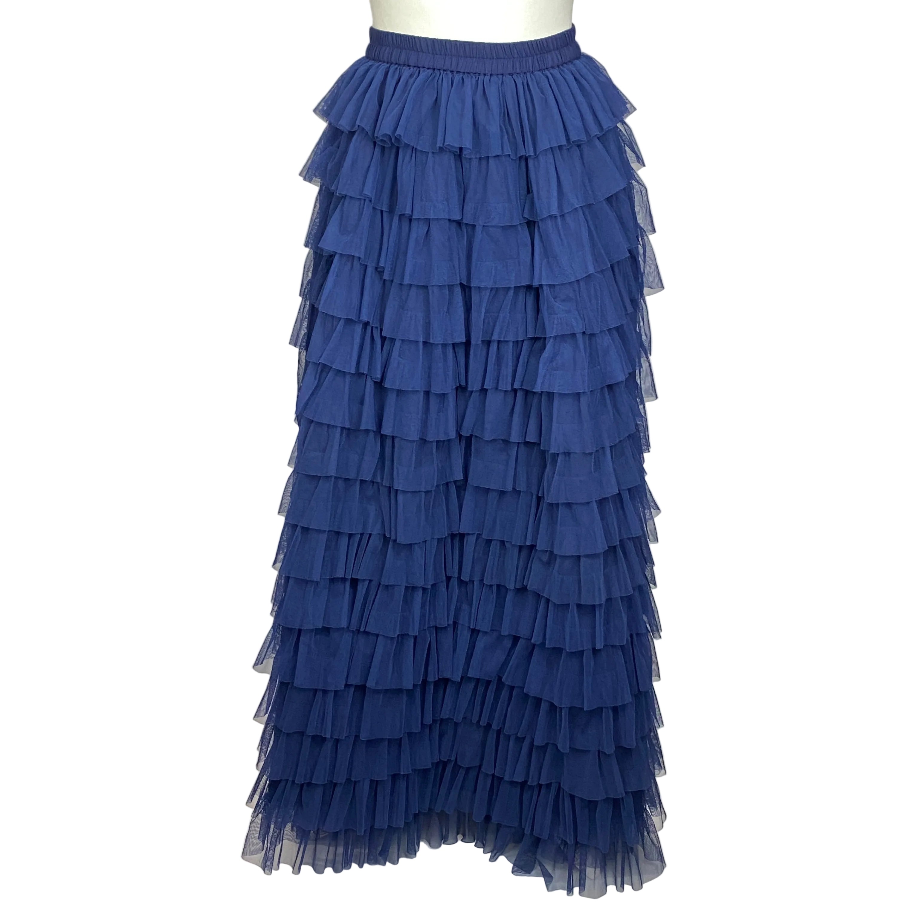 Batsheva New Navy Tiered Netting Maxi Skirt S