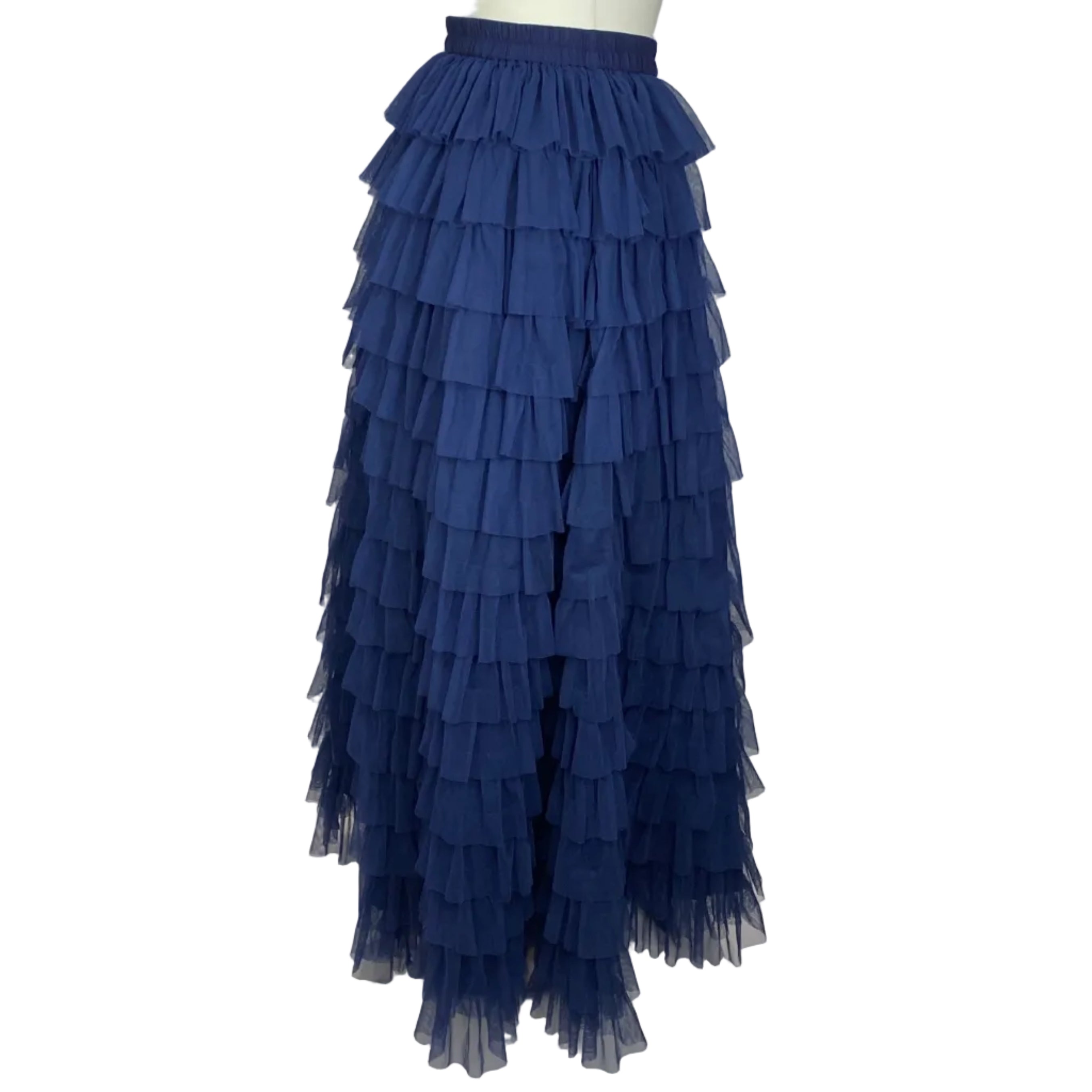 Batsheva New Navy Tiered Netting Maxi Skirt S