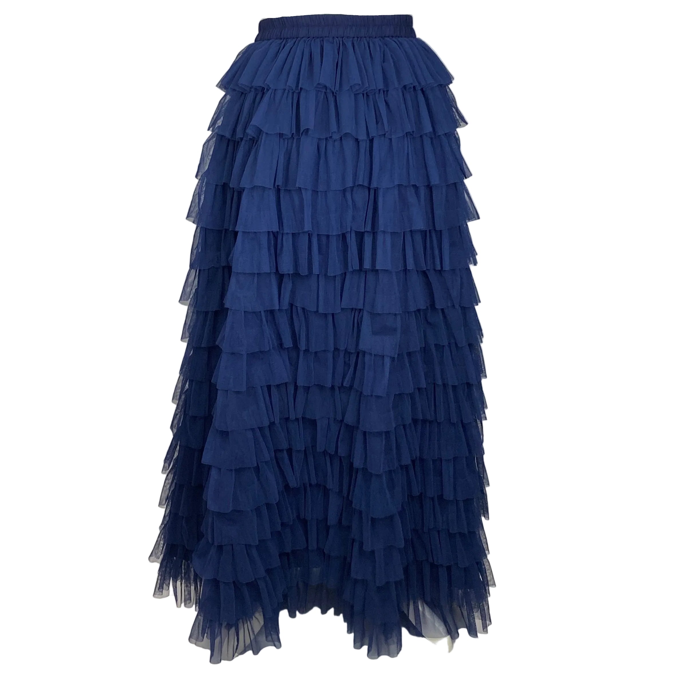 Batsheva New Navy Tiered Netting Maxi Skirt S