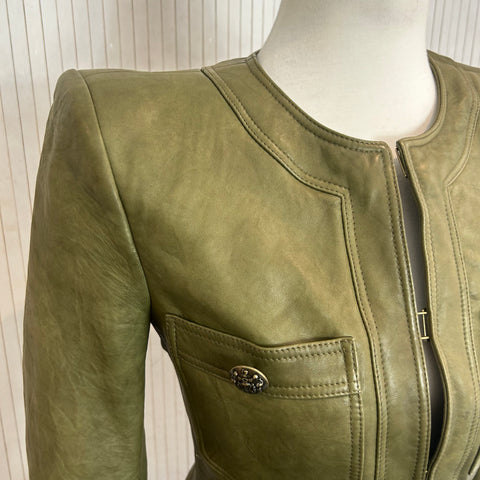 Veronica Beard $1295 Olive Shanti Collarless Leather Jacket XXS