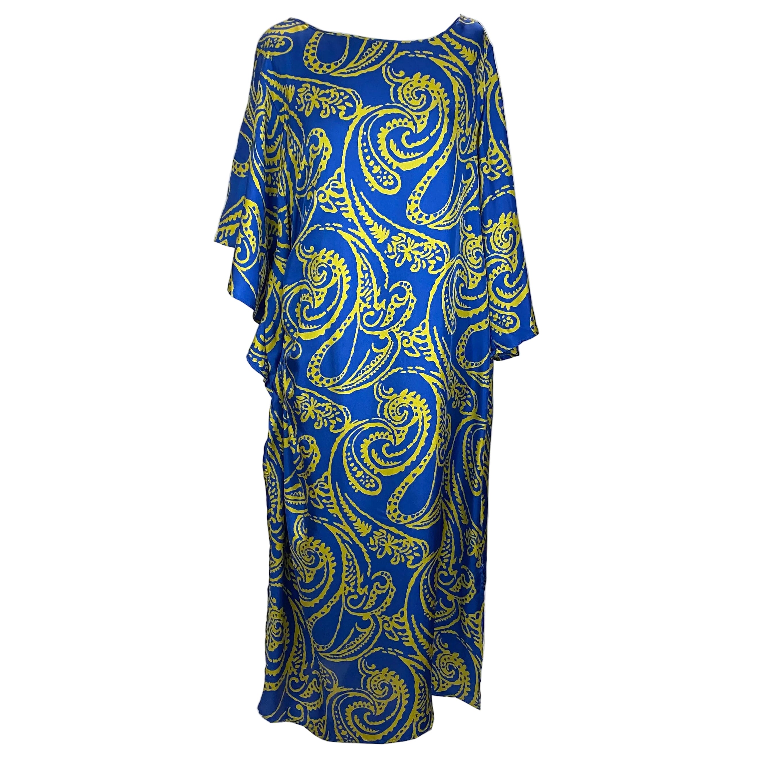 Marina Rinaldi Blue & Mustard Pasley Print Silk Midi Dress XL