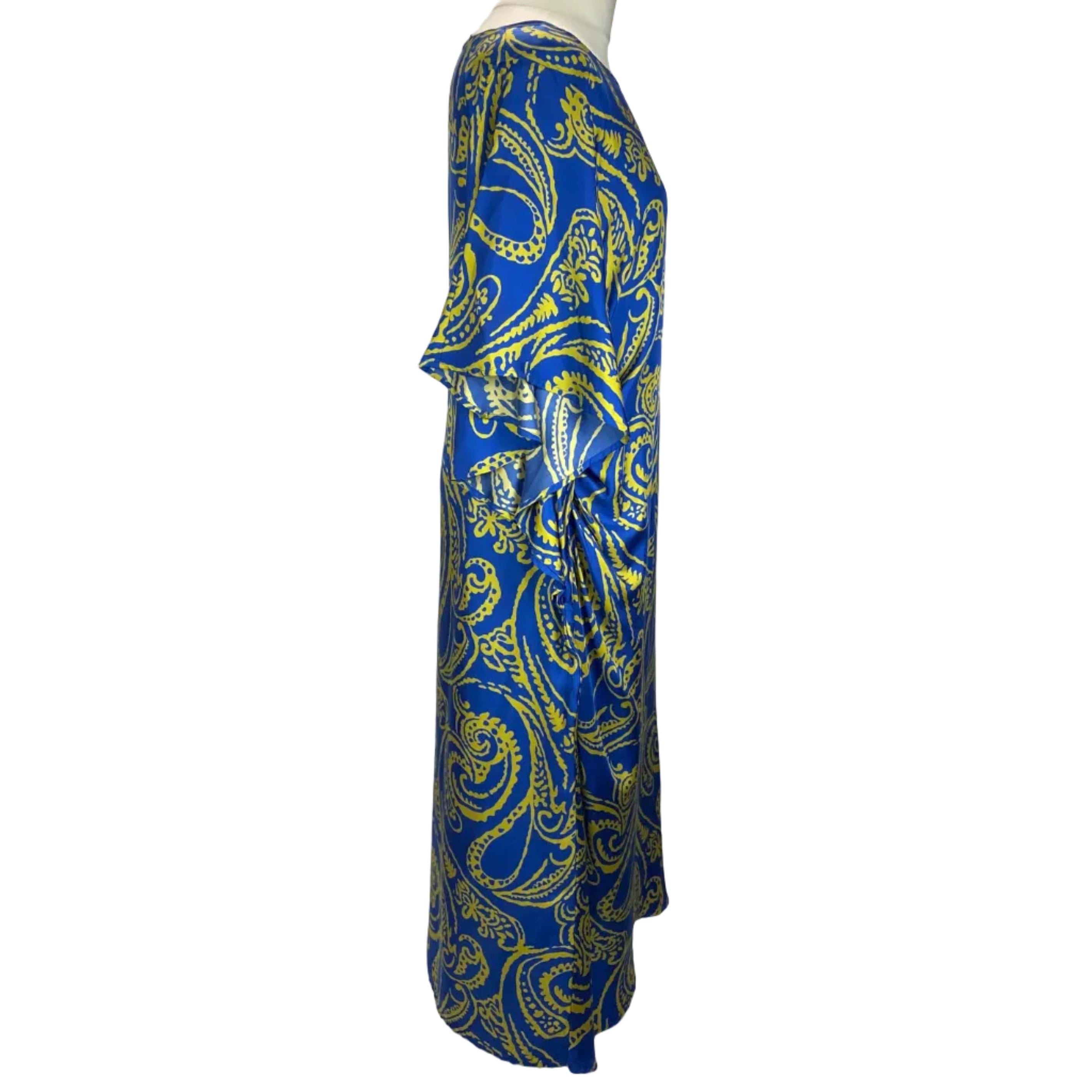 Marina Rinaldi Blue & Mustard Pasley Print Silk Midi Dress XL