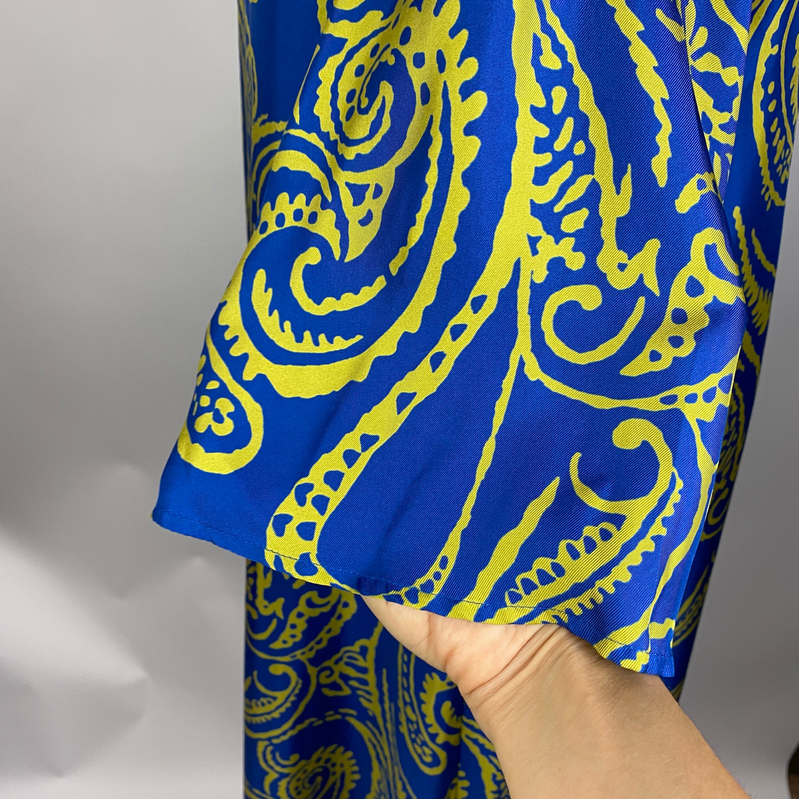 Marina Rinaldi Blue & Mustard Pasley Print Silk Midi Dress XL