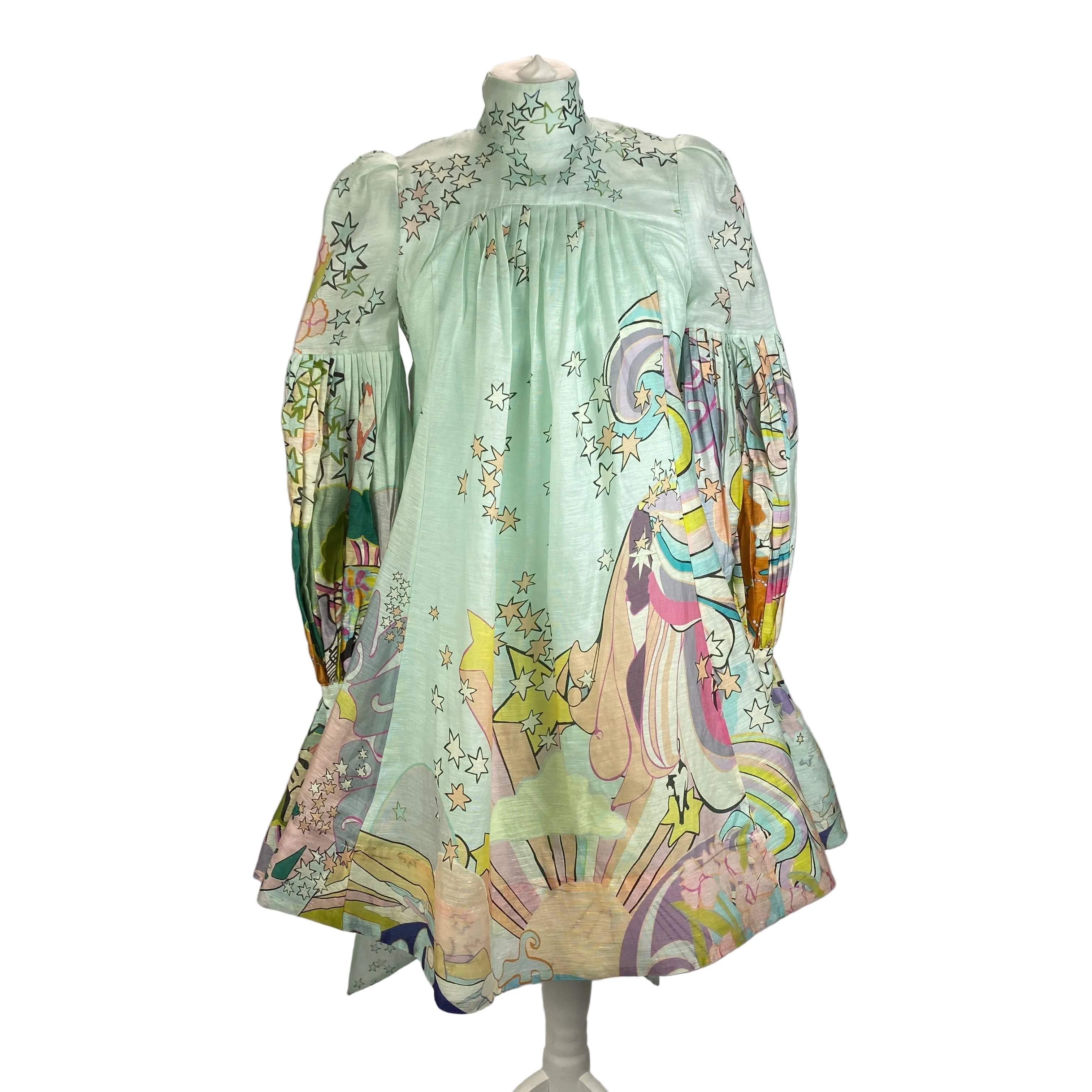 Zimmerman New Mint Linen Organza Print Midi Dress XS