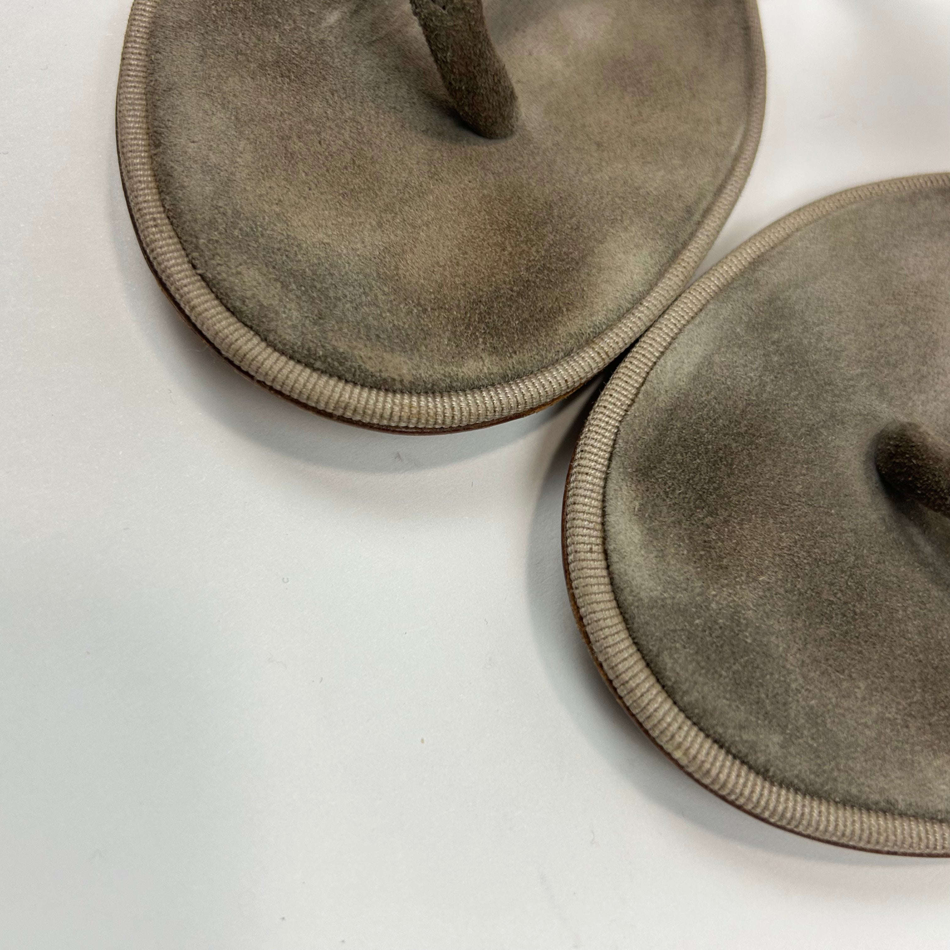 Chanel Dove Grey Suede Pewter Medallion Thong Sandals 40.5