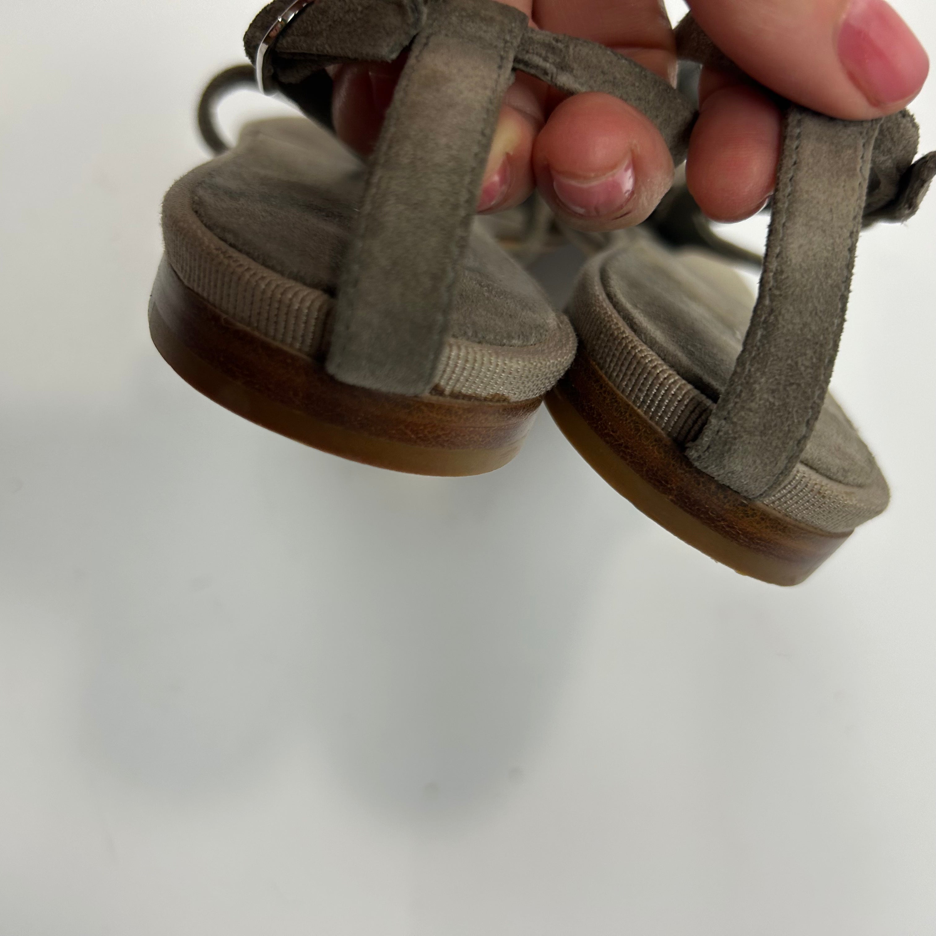 Chanel Dove Grey Suede Pewter Medallion Thong Sandals 40.5