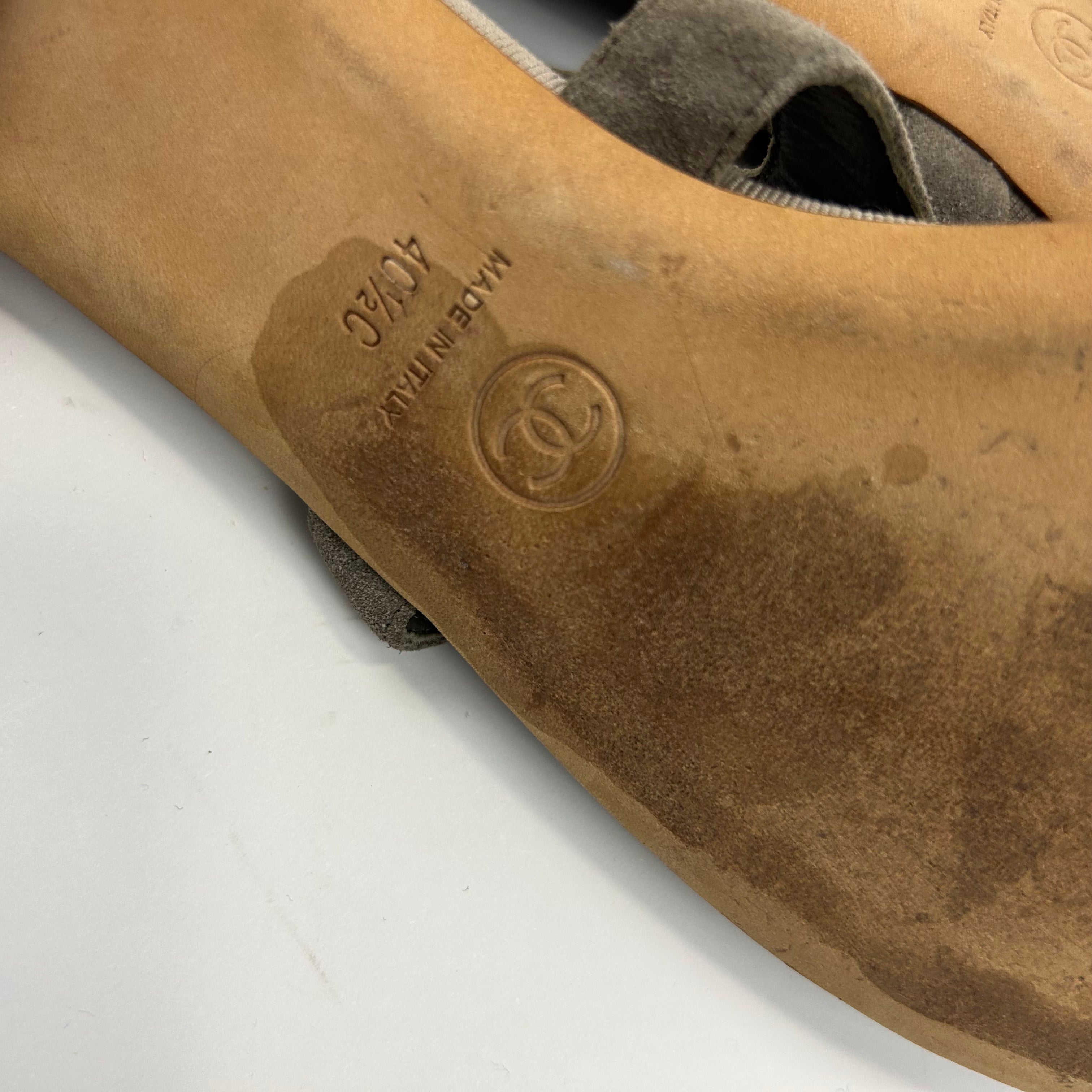 Chanel Dove Grey Suede Pewter Medallion Thong Sandals 40.5