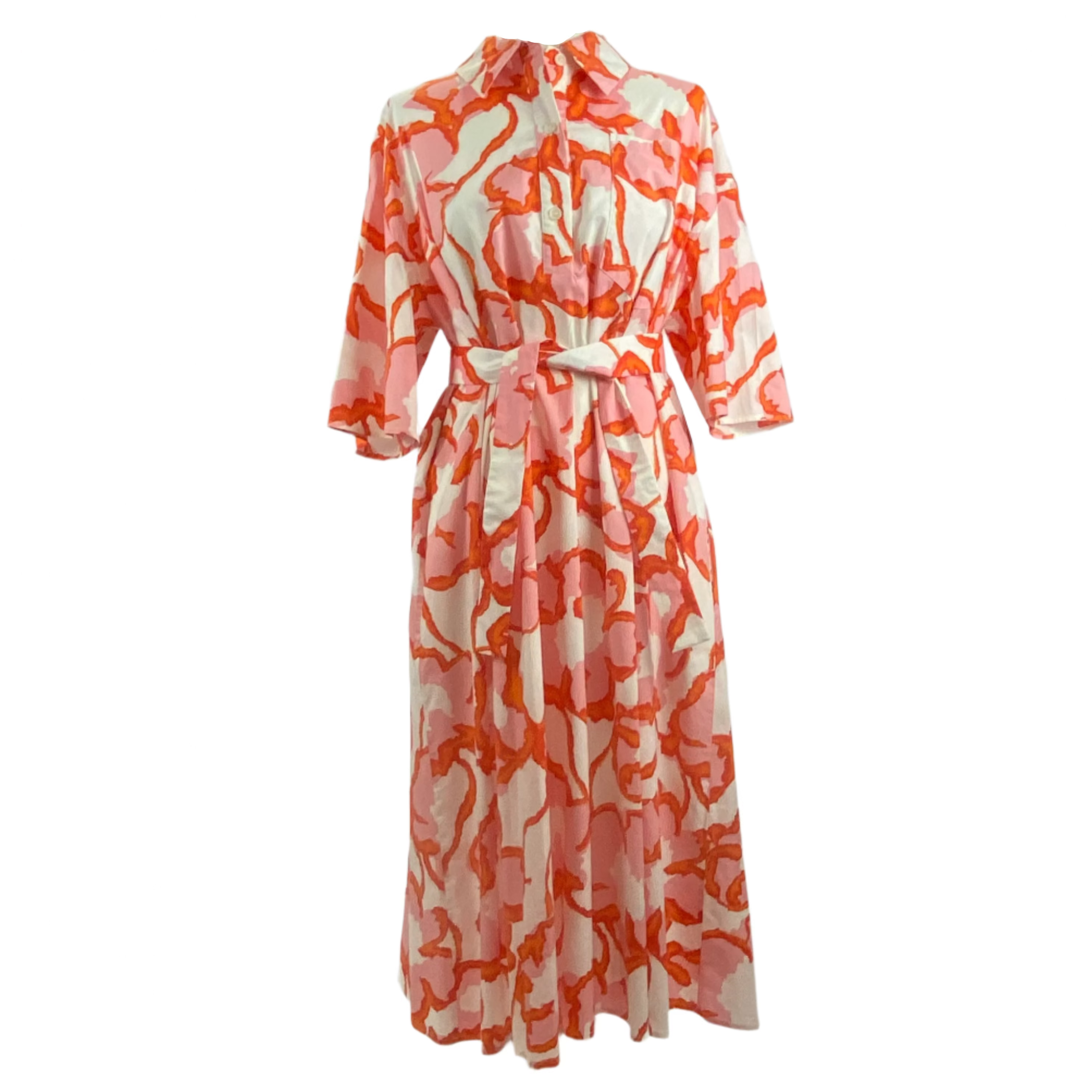 Piazza Sempione $995 Pink Orange & White Print Stretch Cotton Shirtdress M/L/XL/XXL