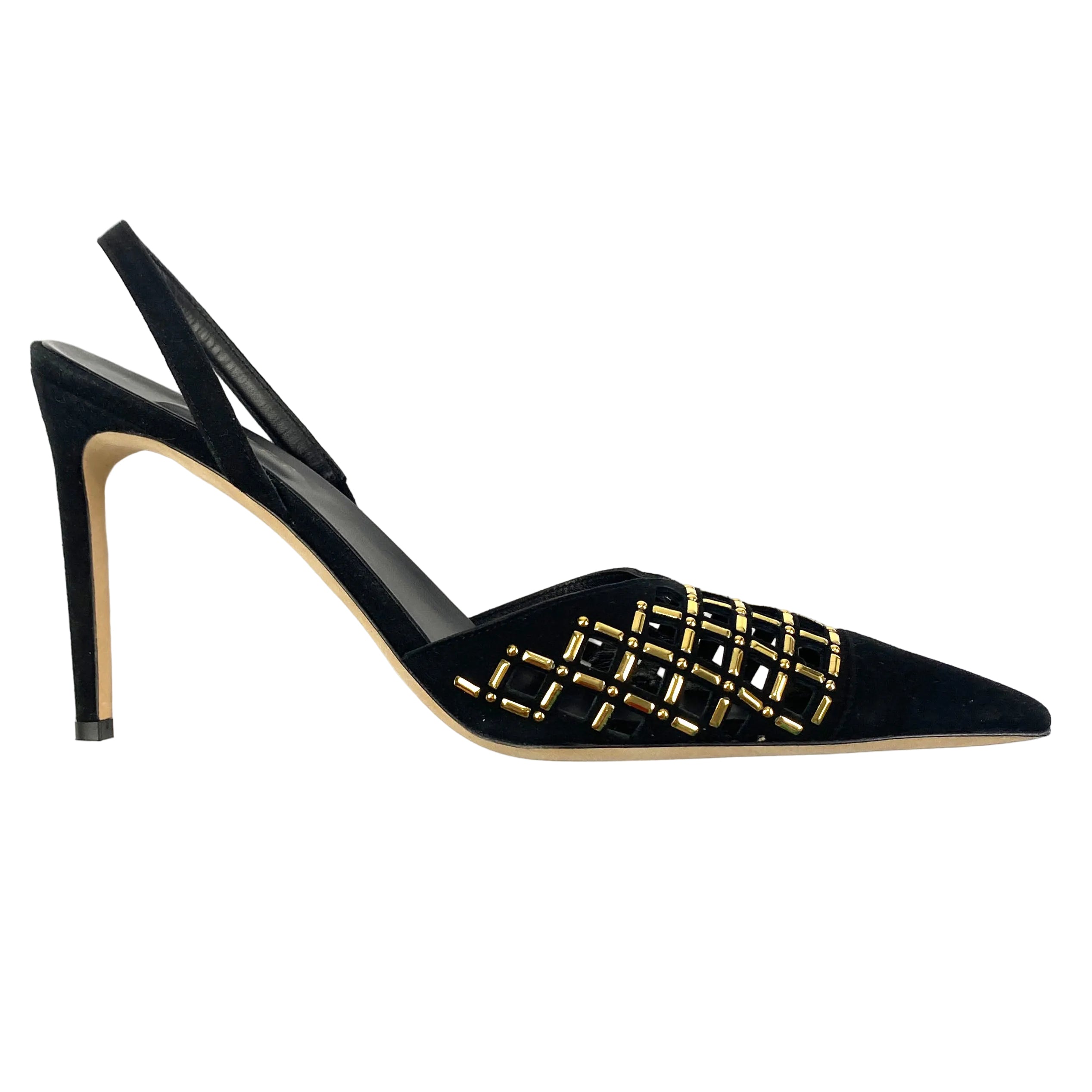 Serena Uziyel New £497 Black Suede & Gold Slingback Heels 40