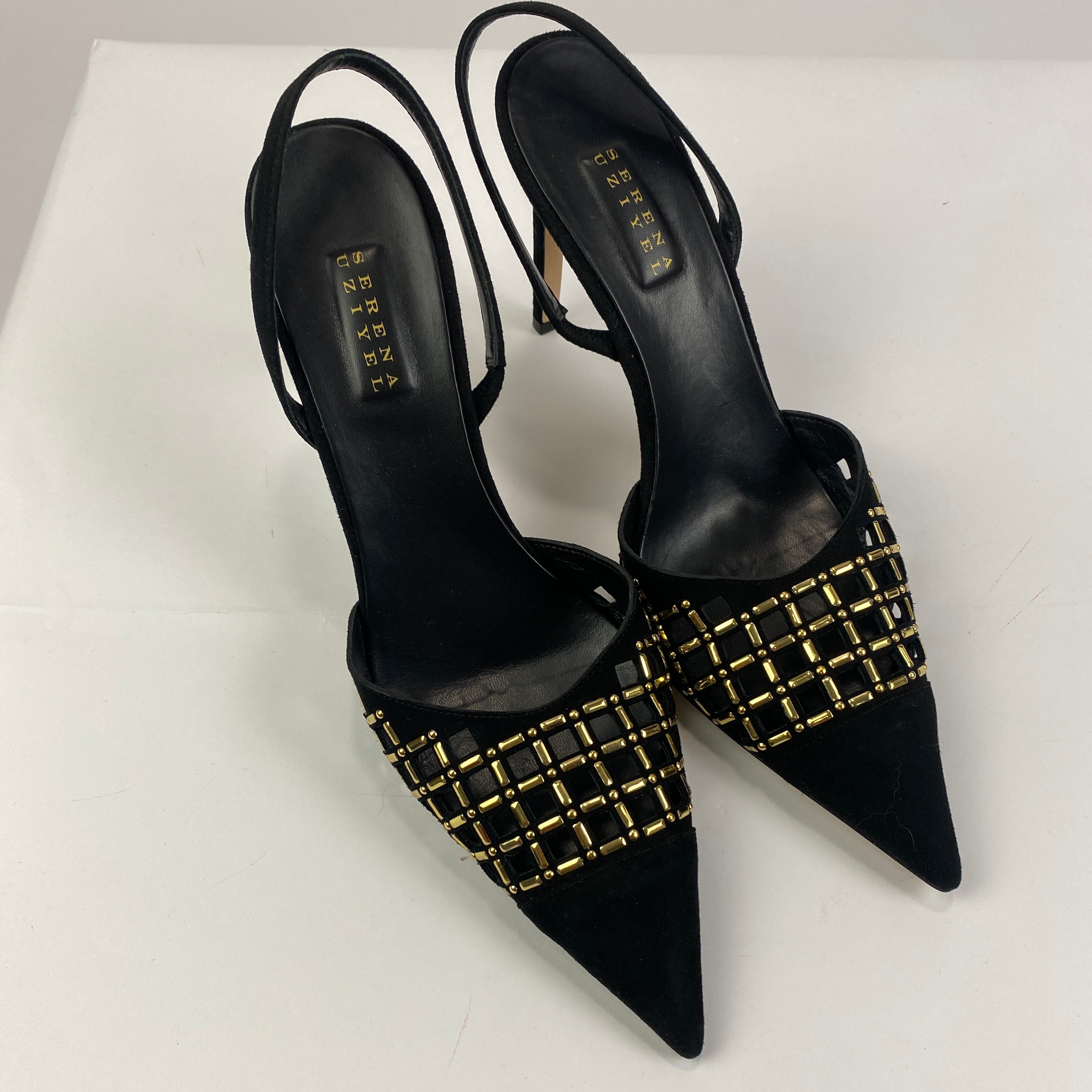 Serena Uziyel New £497 Black Suede & Gold Slingback Heels 40