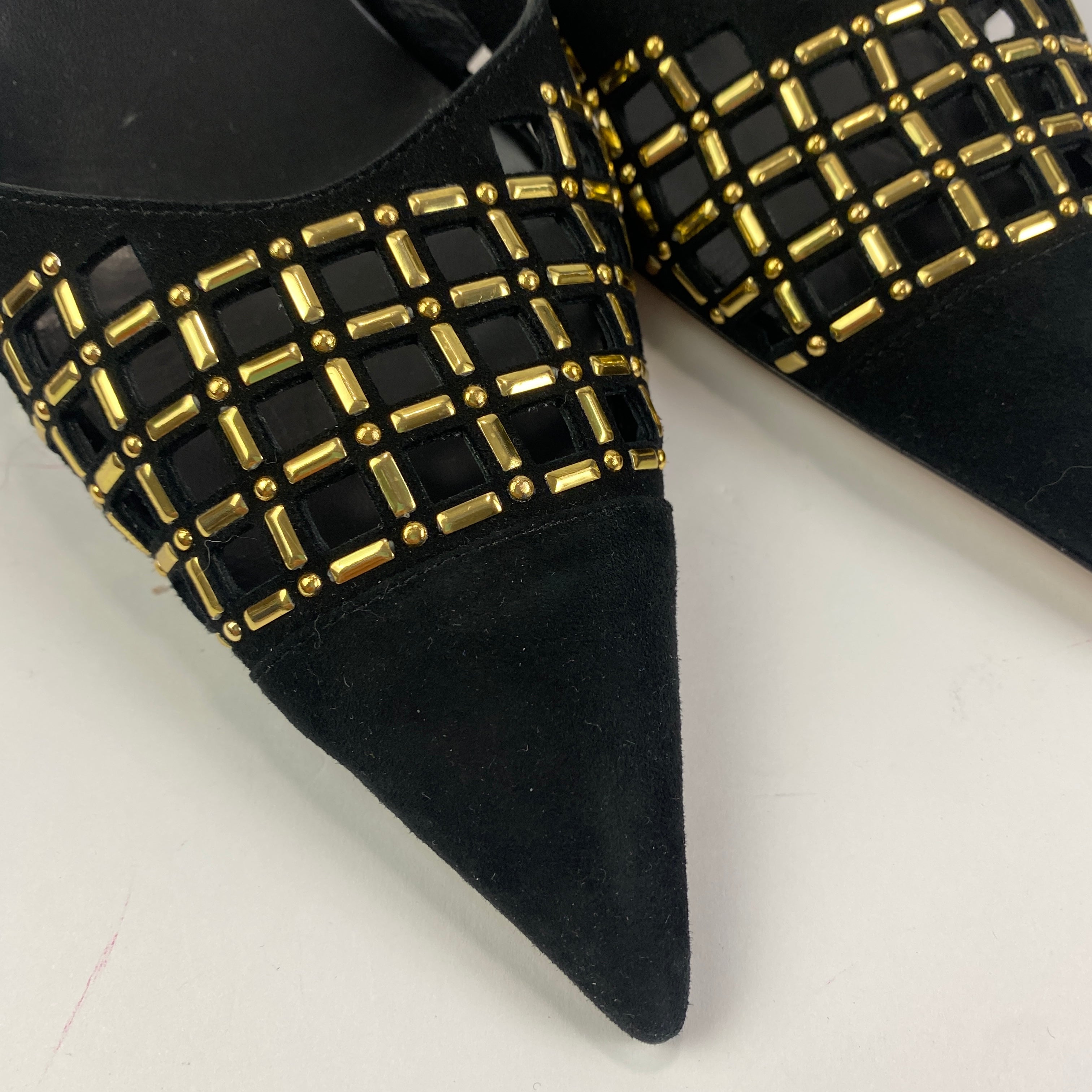 Serena Uziyel New £497 Black Suede & Gold Slingback Heels 40