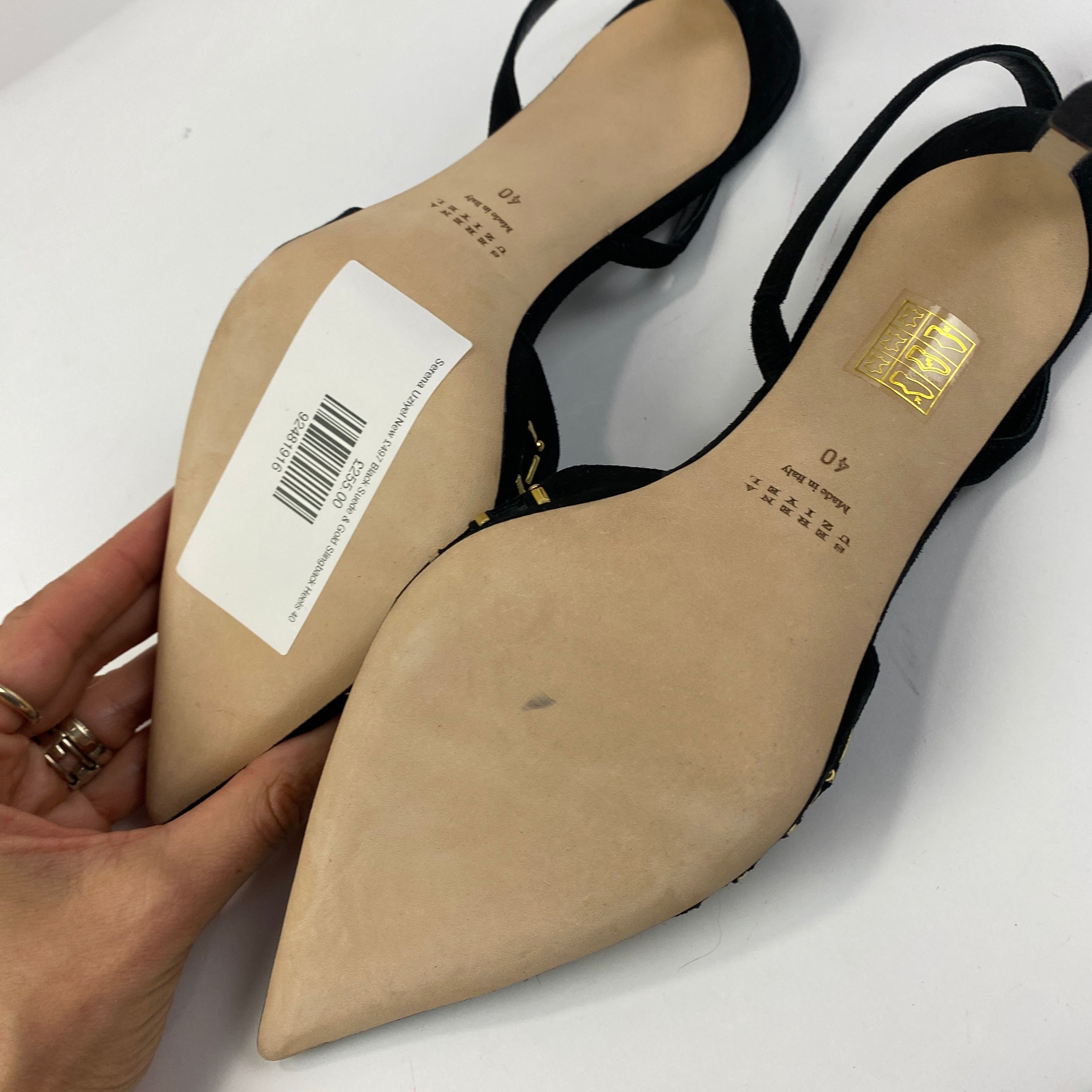Serena Uziyel New £497 Black Suede & Gold Slingback Heels 40
