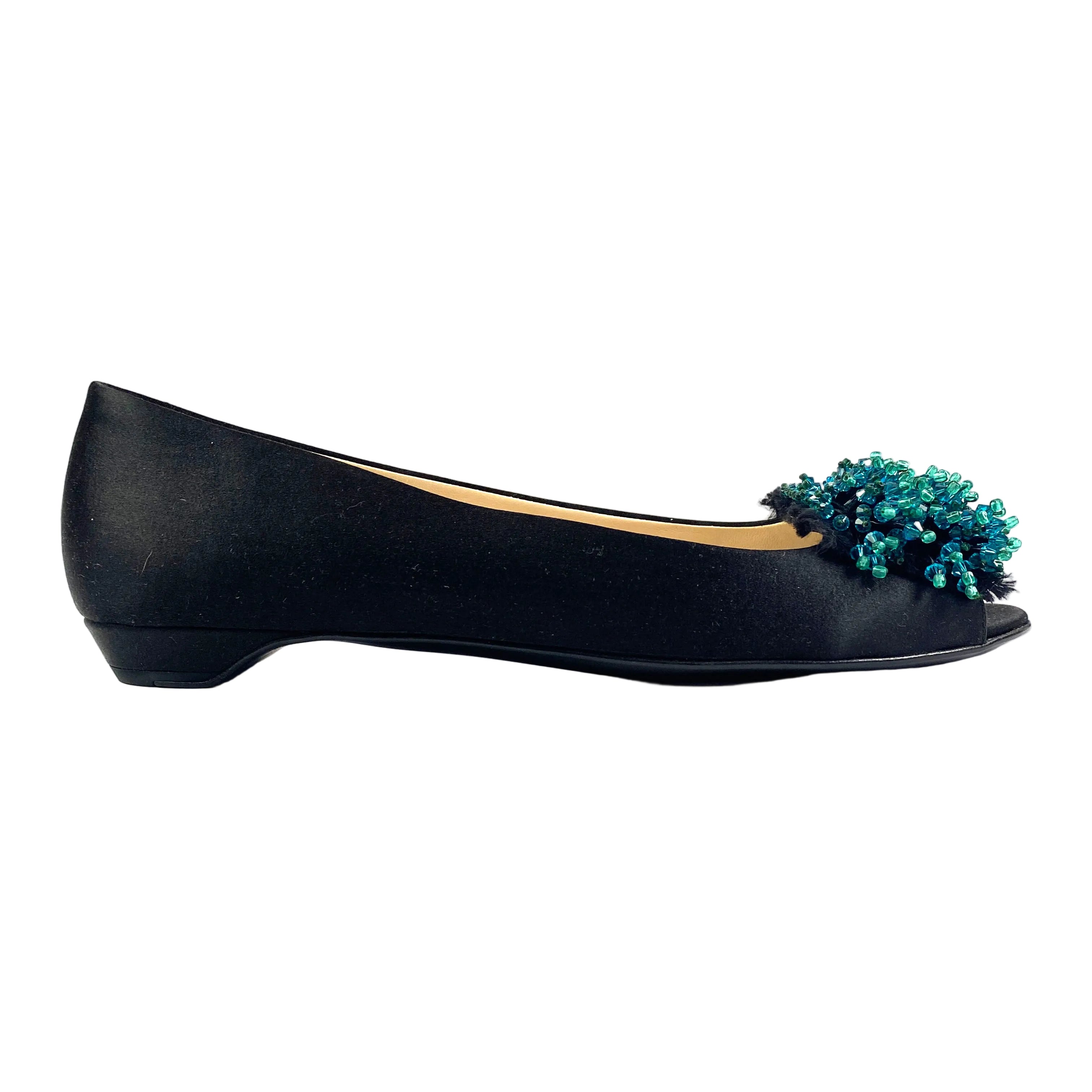 Prada New Black Silk & Aqua Bead Peeptoe Pumps 39.5