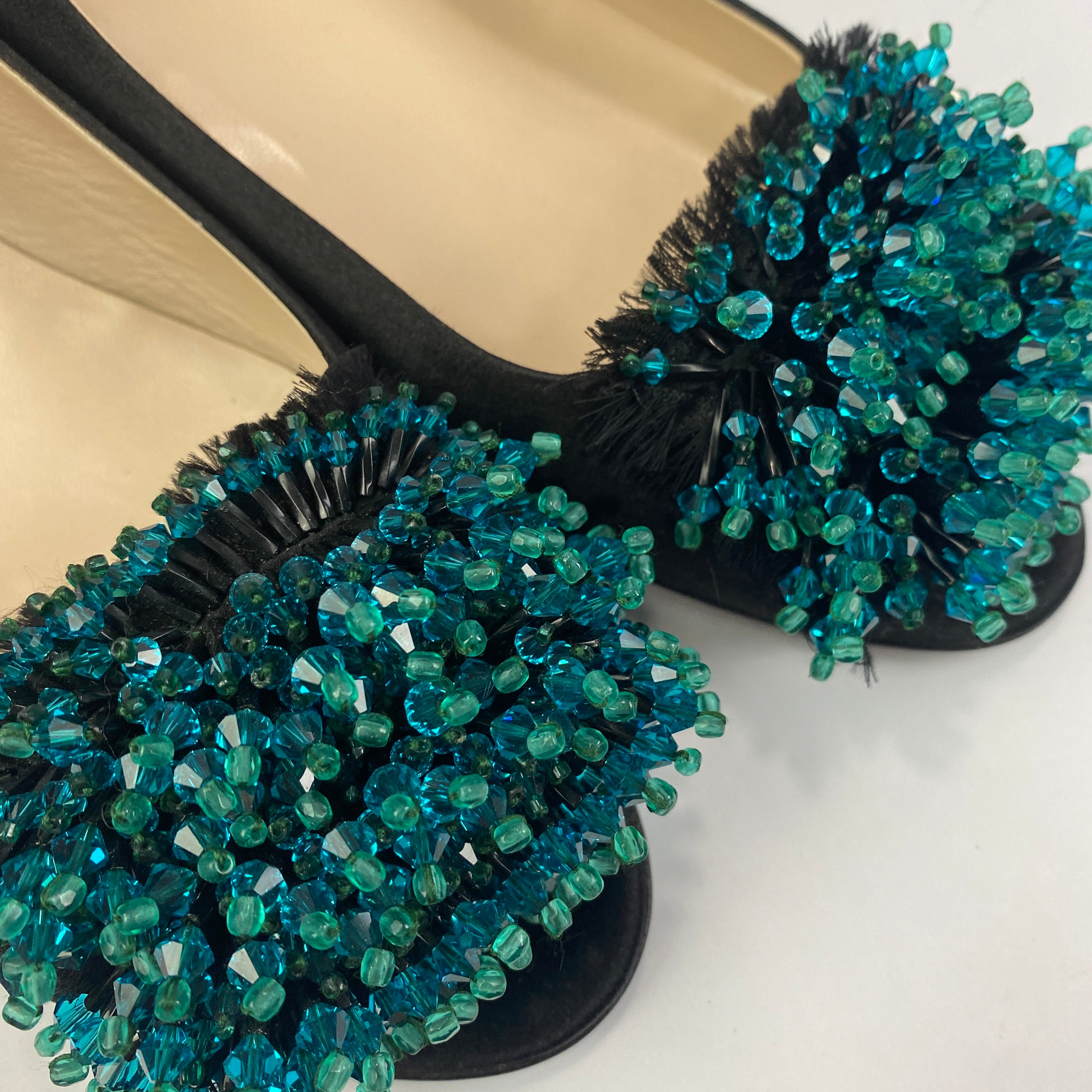 Prada New Black Silk & Aqua Bead Peeptoe Pumps 39.5