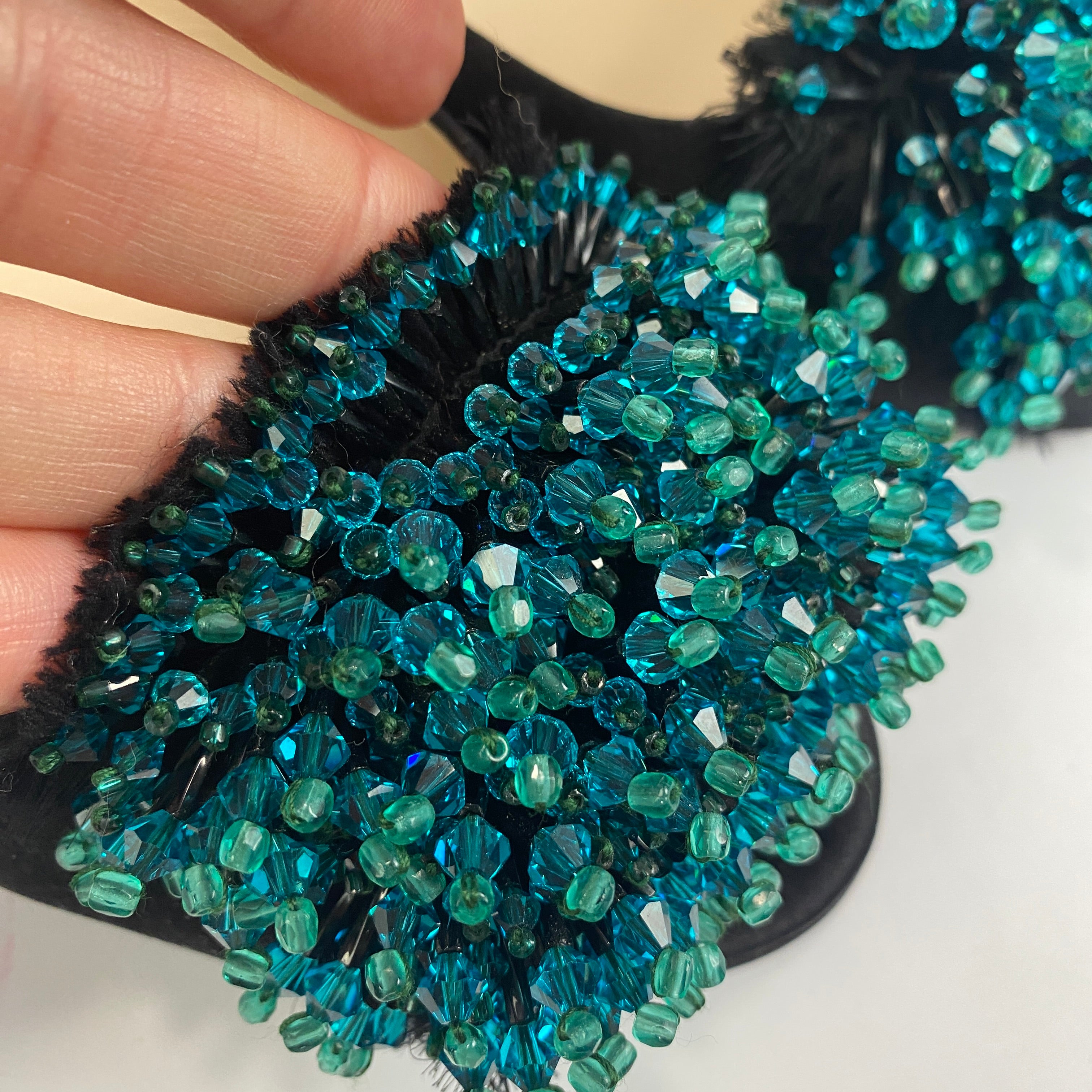 Prada New Black Silk & Aqua Bead Peeptoe Pumps 39.5