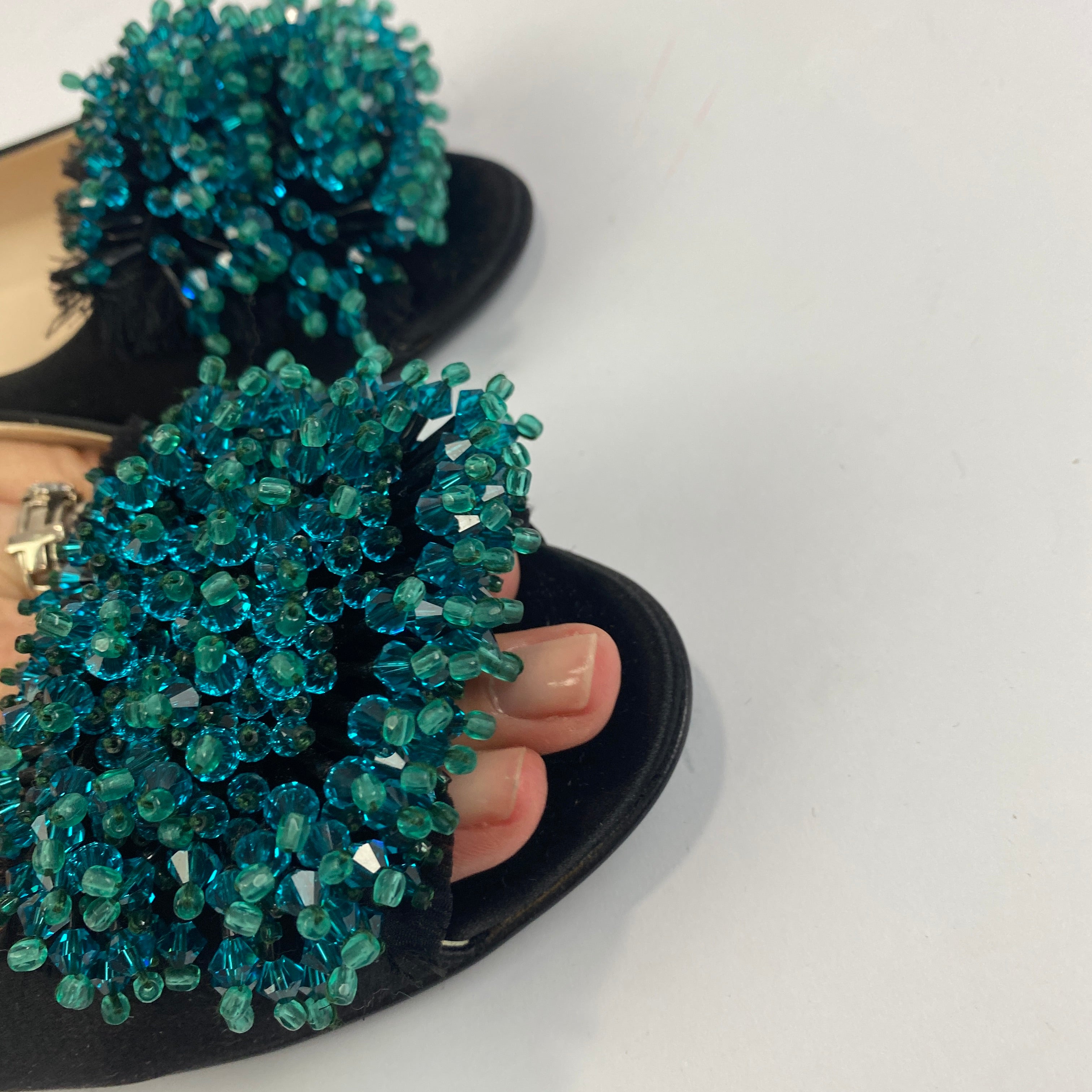 Prada New Black Silk & Aqua Bead Peeptoe Pumps 39.5