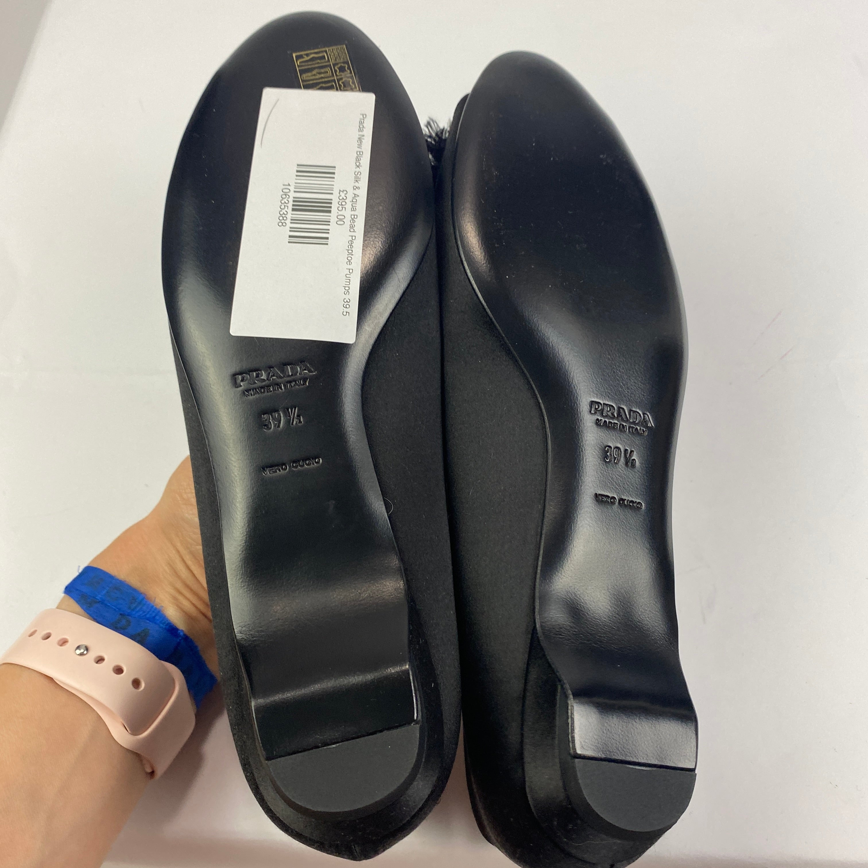 Prada New Black Silk & Aqua Bead Peeptoe Pumps 39.5
