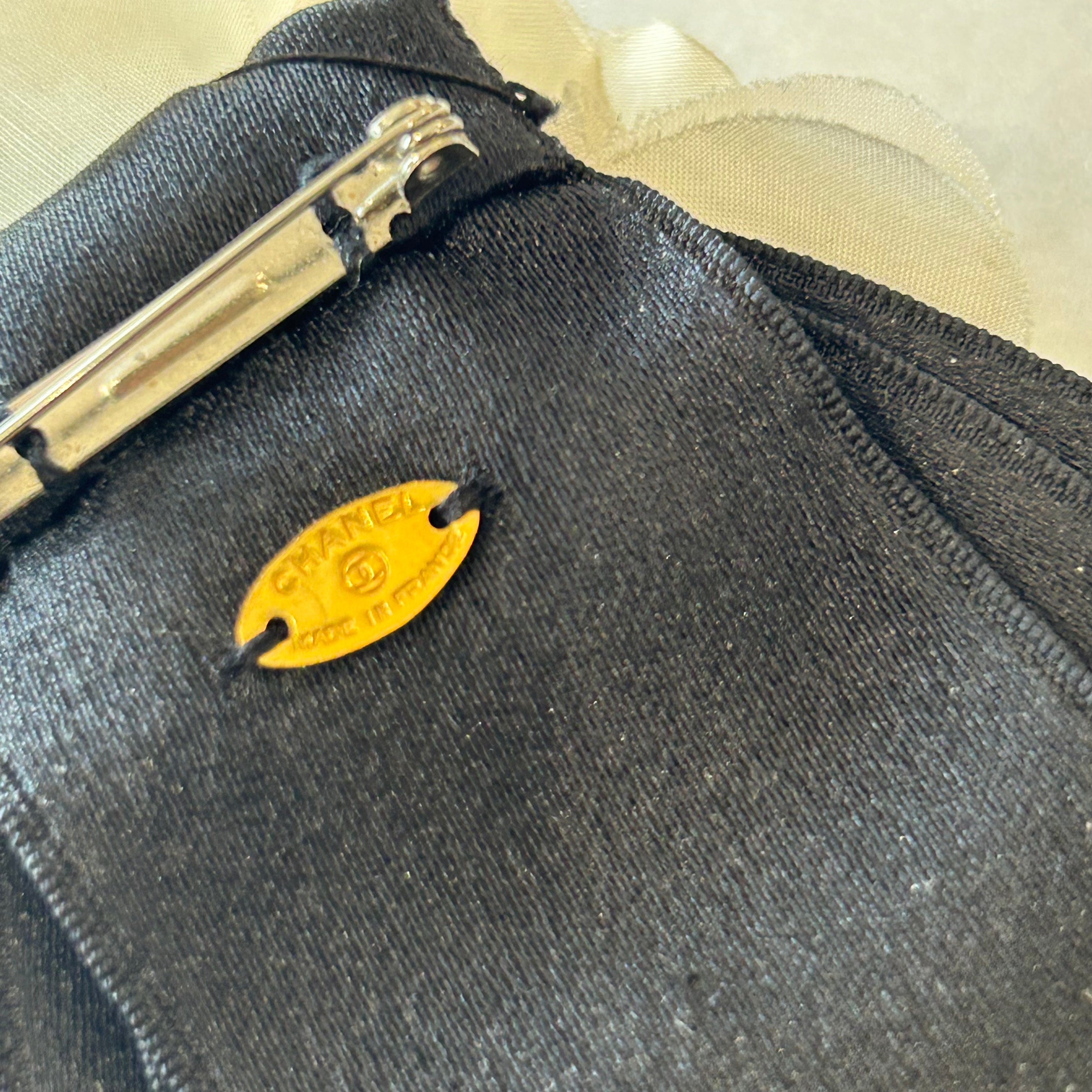 Chanel Black Silk & Cream Camellia Rare Brooch