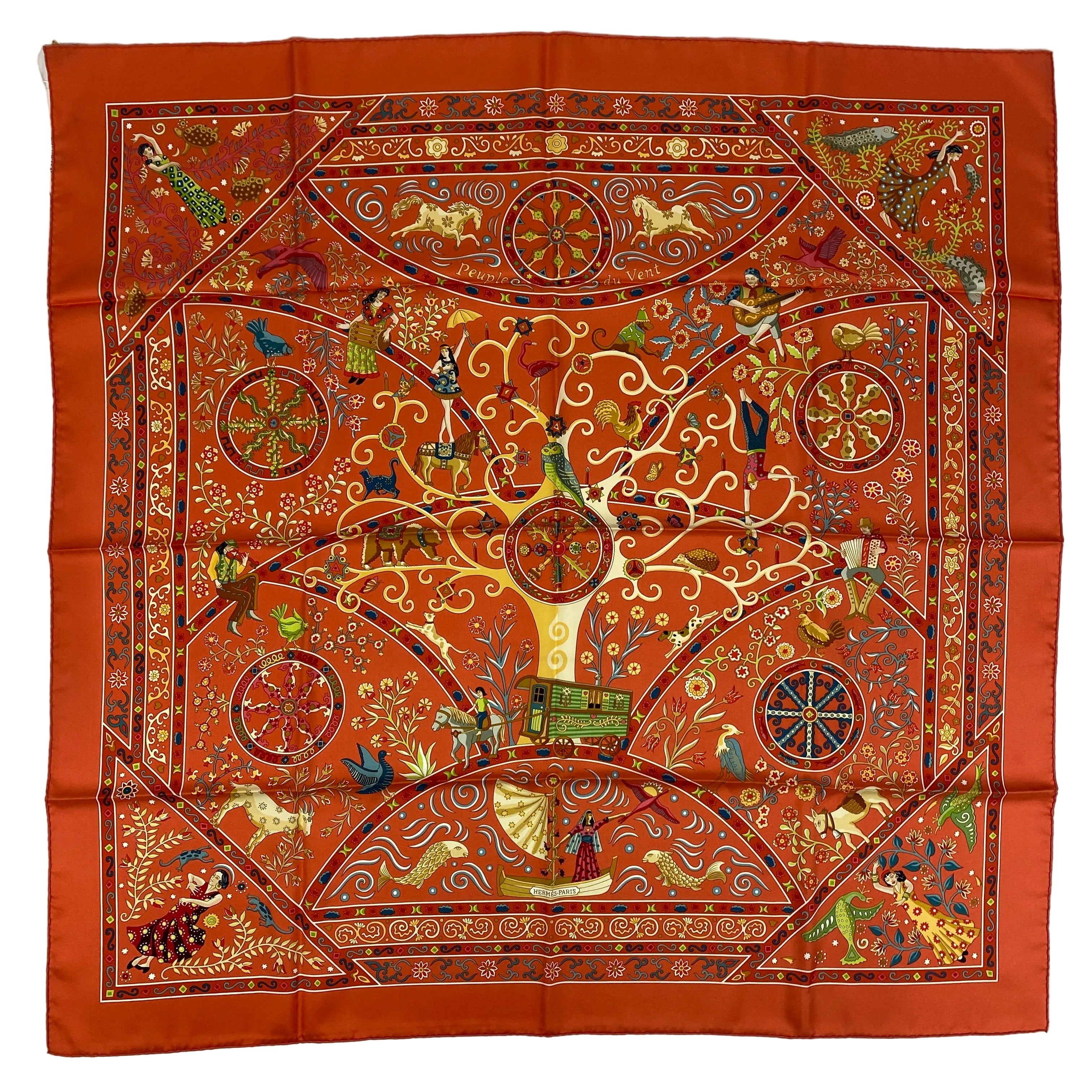 Hermes New Apricot Peuple Du Vent Silk Twill 90 Scarf