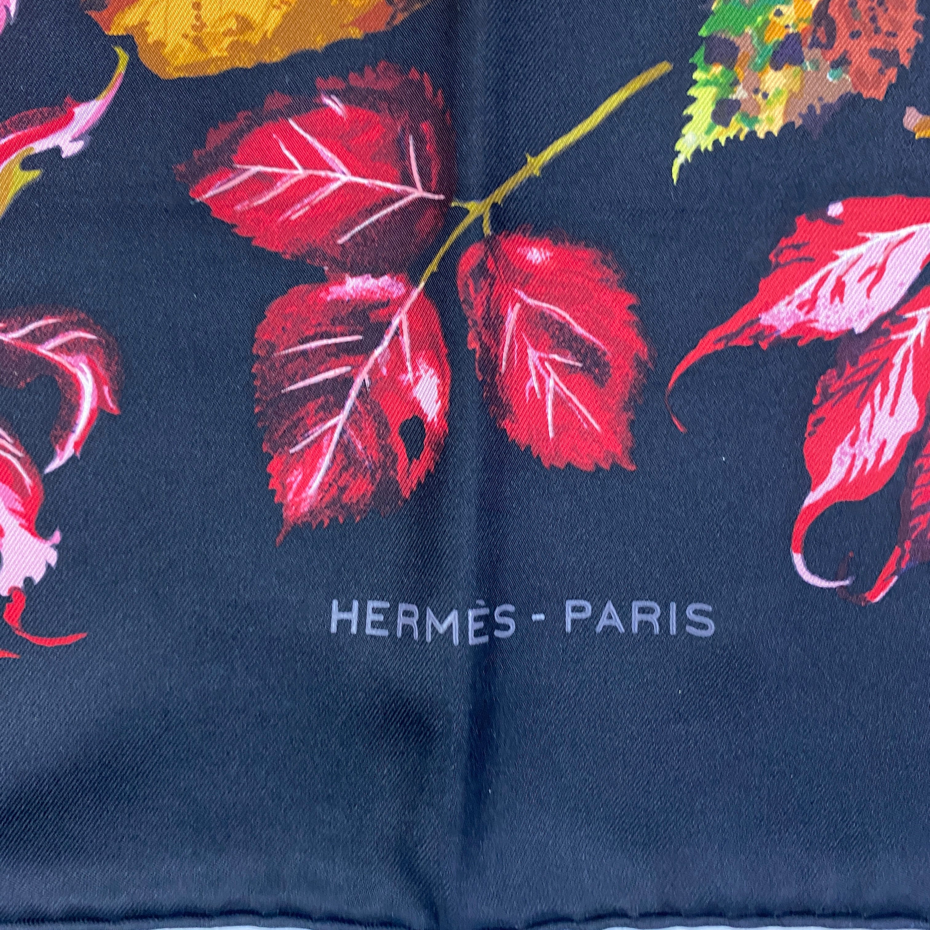 Hermes New Black Autumn Leaves Silk Twill 90 Scarf