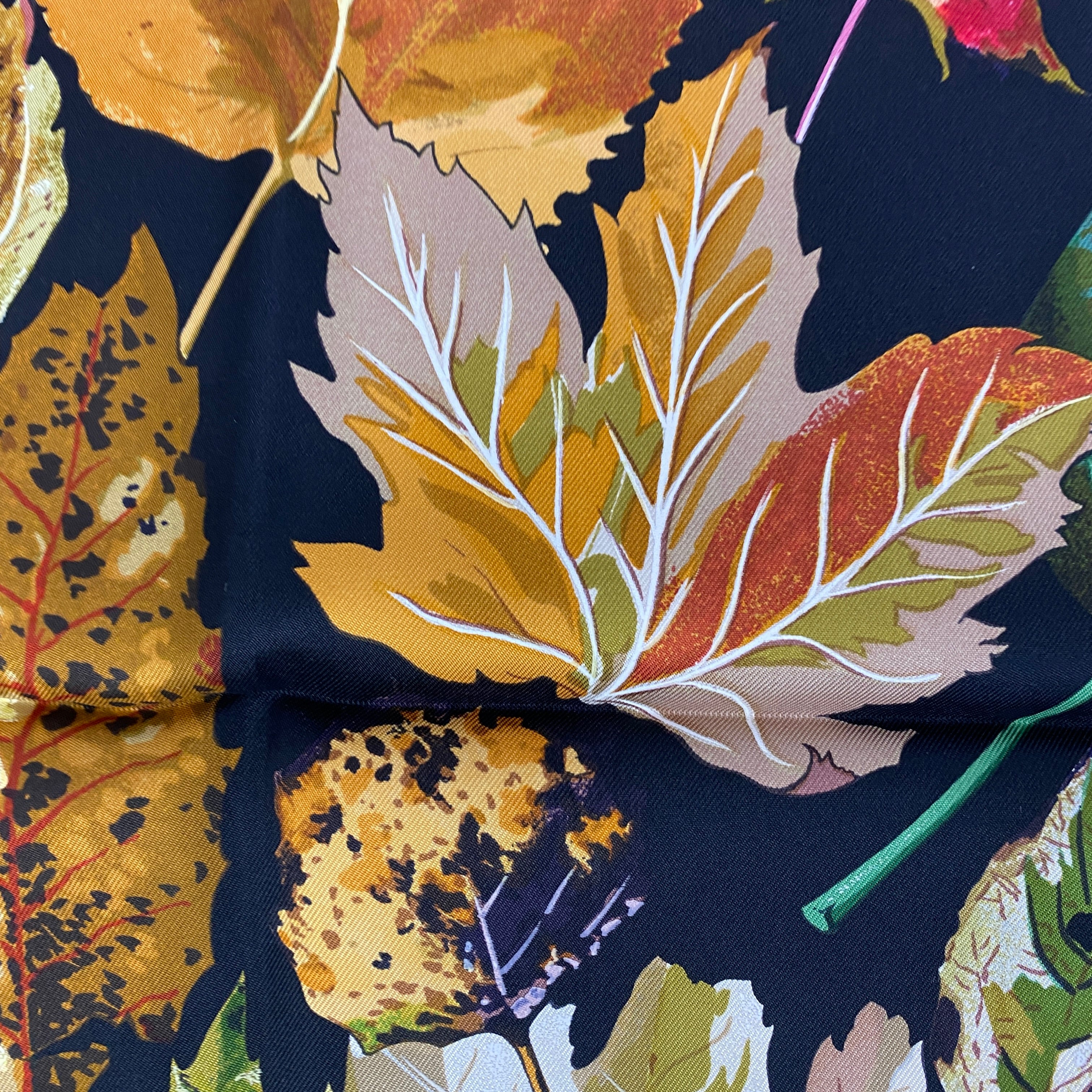 Hermes New Black Autumn Leaves Silk Twill 90 Scarf