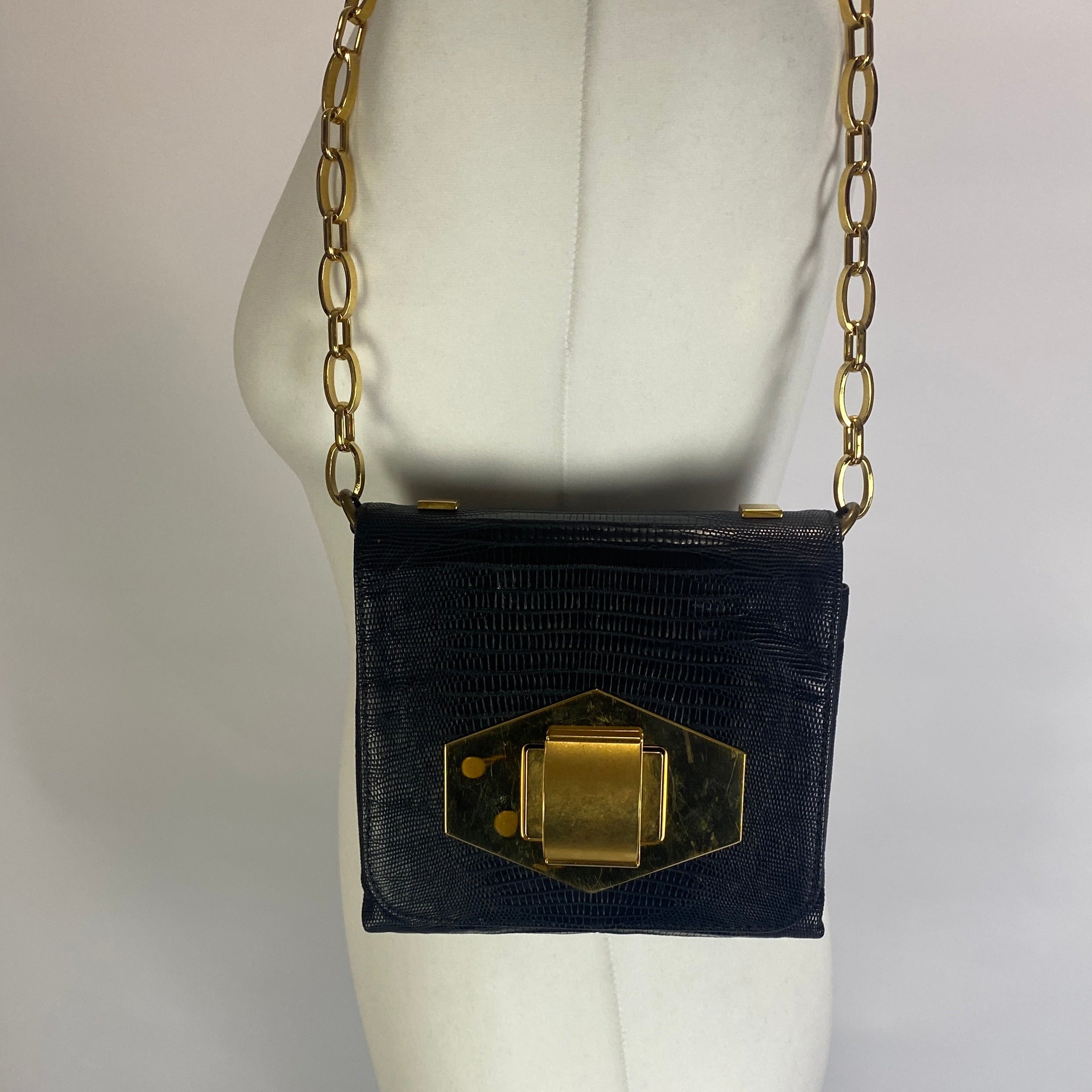 Lanvin £1390 Black Vintage Jesus Lizard Flap Small Handbag