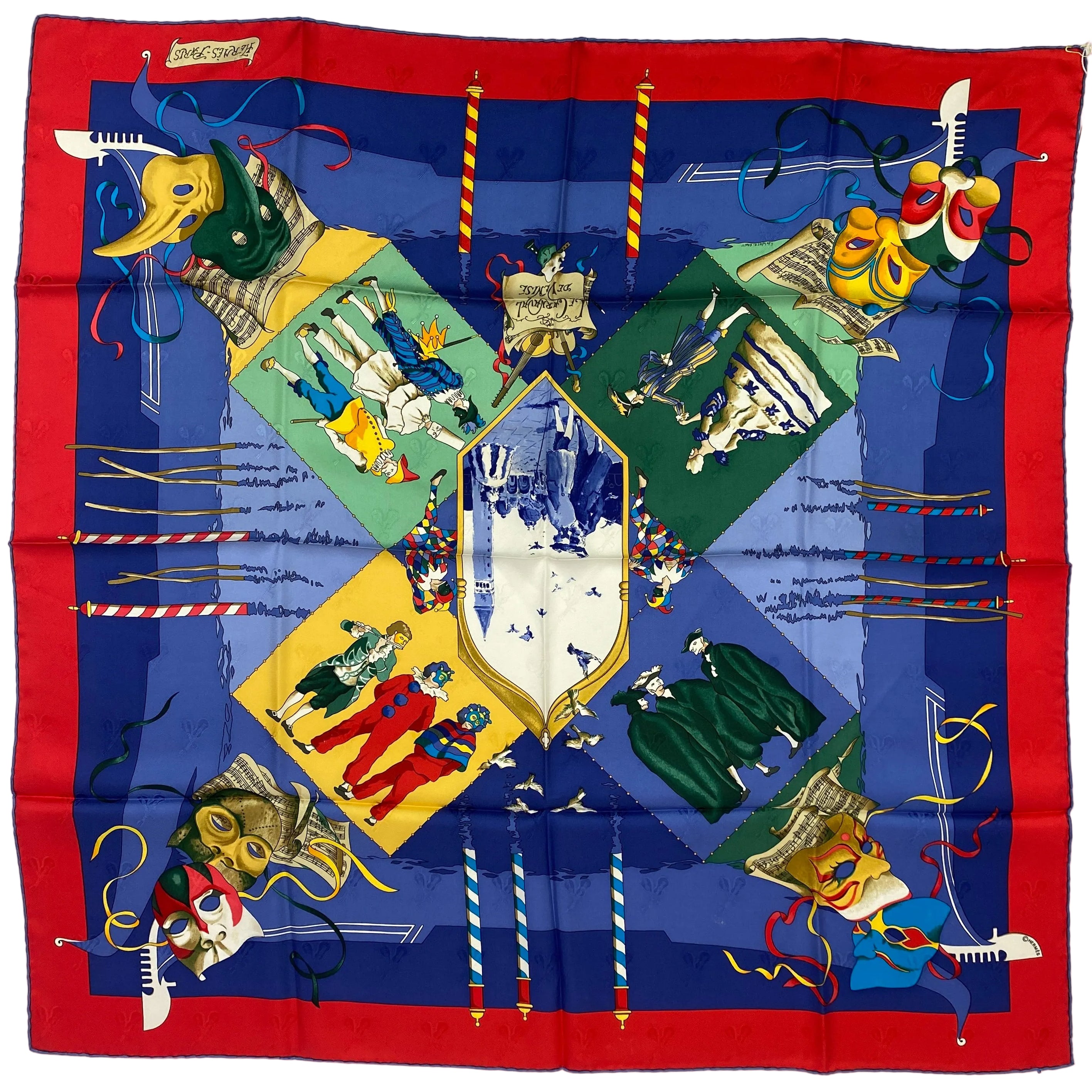Hermes Red & Blue Le Carnaval De Venise Silk Twill 90 Scarf