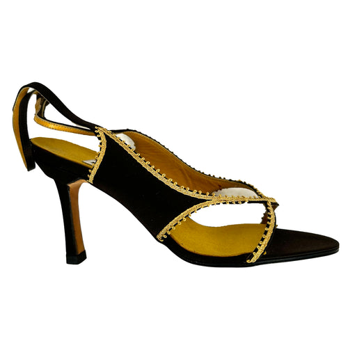 Manolo Blahnik Chocolate Silk & Gold Braid Ankle Wrap Sandals 37