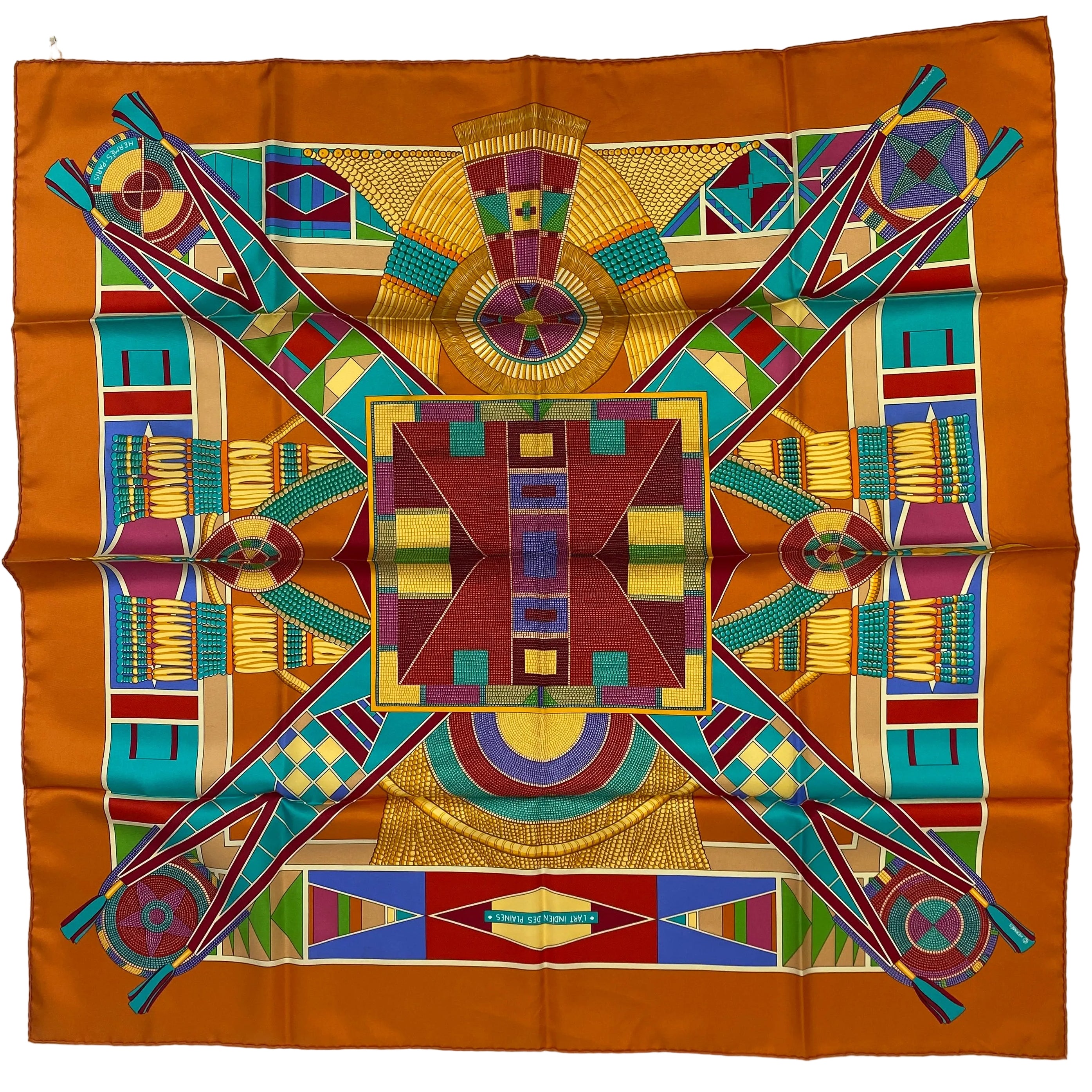 Hermes Orange L'Art Indien Des Plaines Silk Twill 90 Scarf