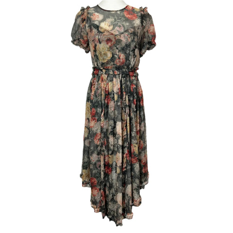 Zimmermann Smoke Floral Silk Chiffon Ruffle Midi Dress M