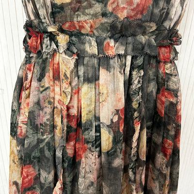 Zimmermann Smoke Floral Silk Chiffon Ruffle Midi Dress M