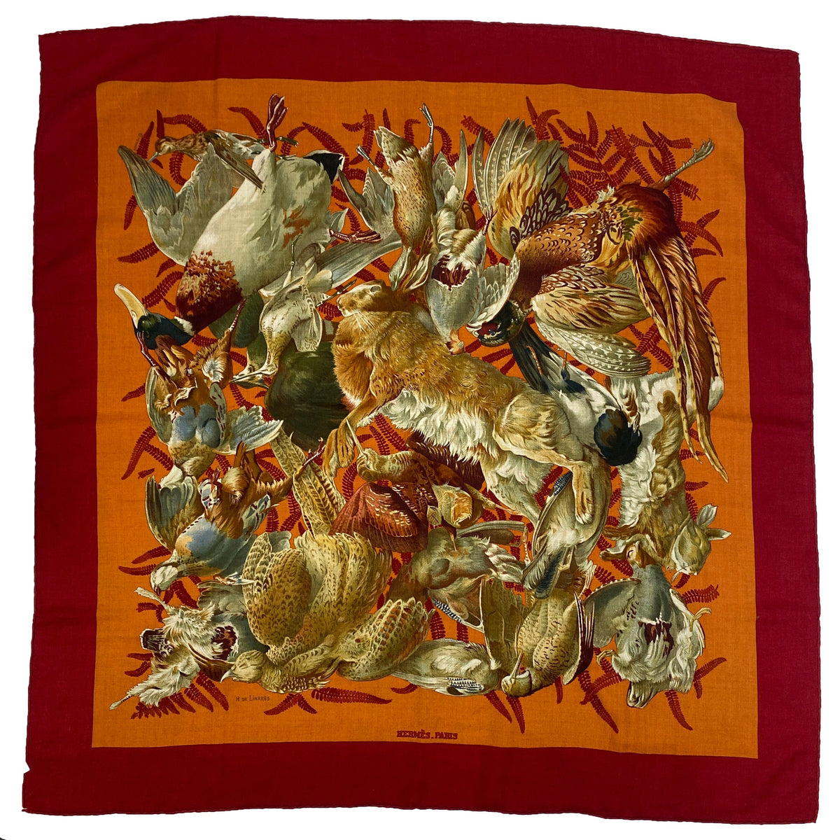Hermes Burgundy Gibier Game Birds 90 Cashmere & Silk Scarf
