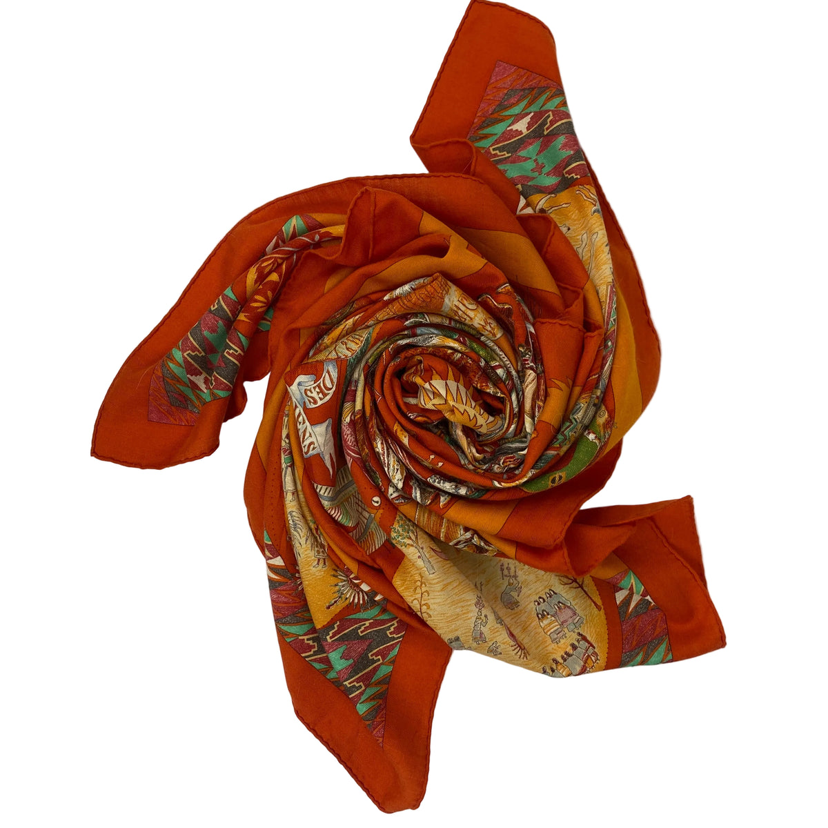 Hermes Orange Les Danses Des Indiens Large 140 Cashmere & Silk Carre Scarf