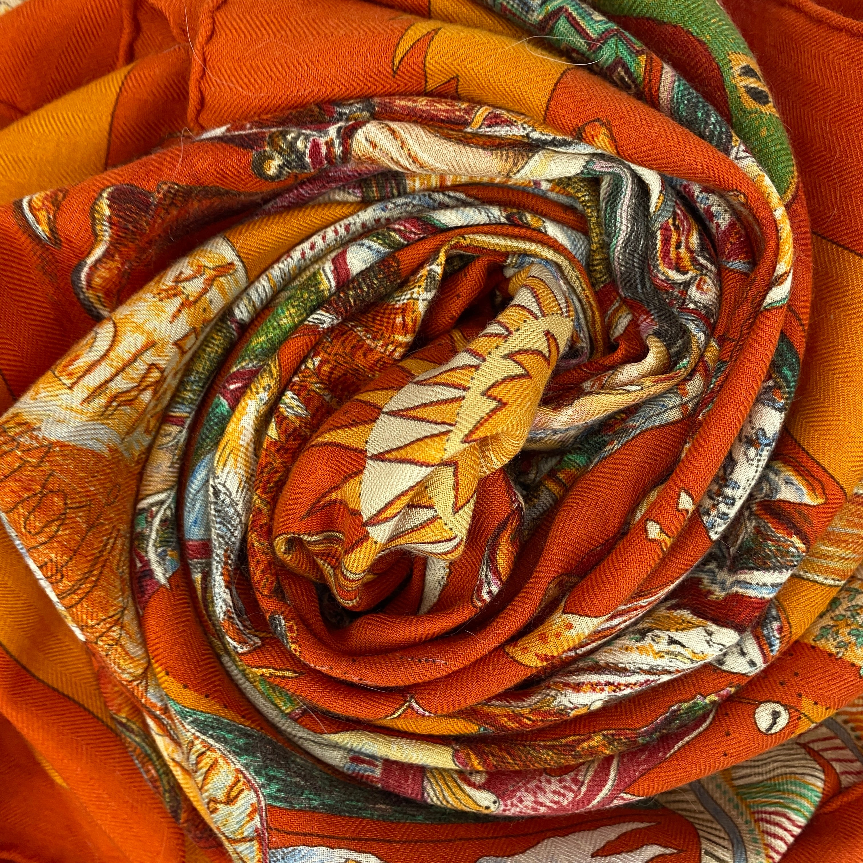 Hermes Orange Les Danses Des Indiens Large 140 Cashmere & Silk Carre Scarf