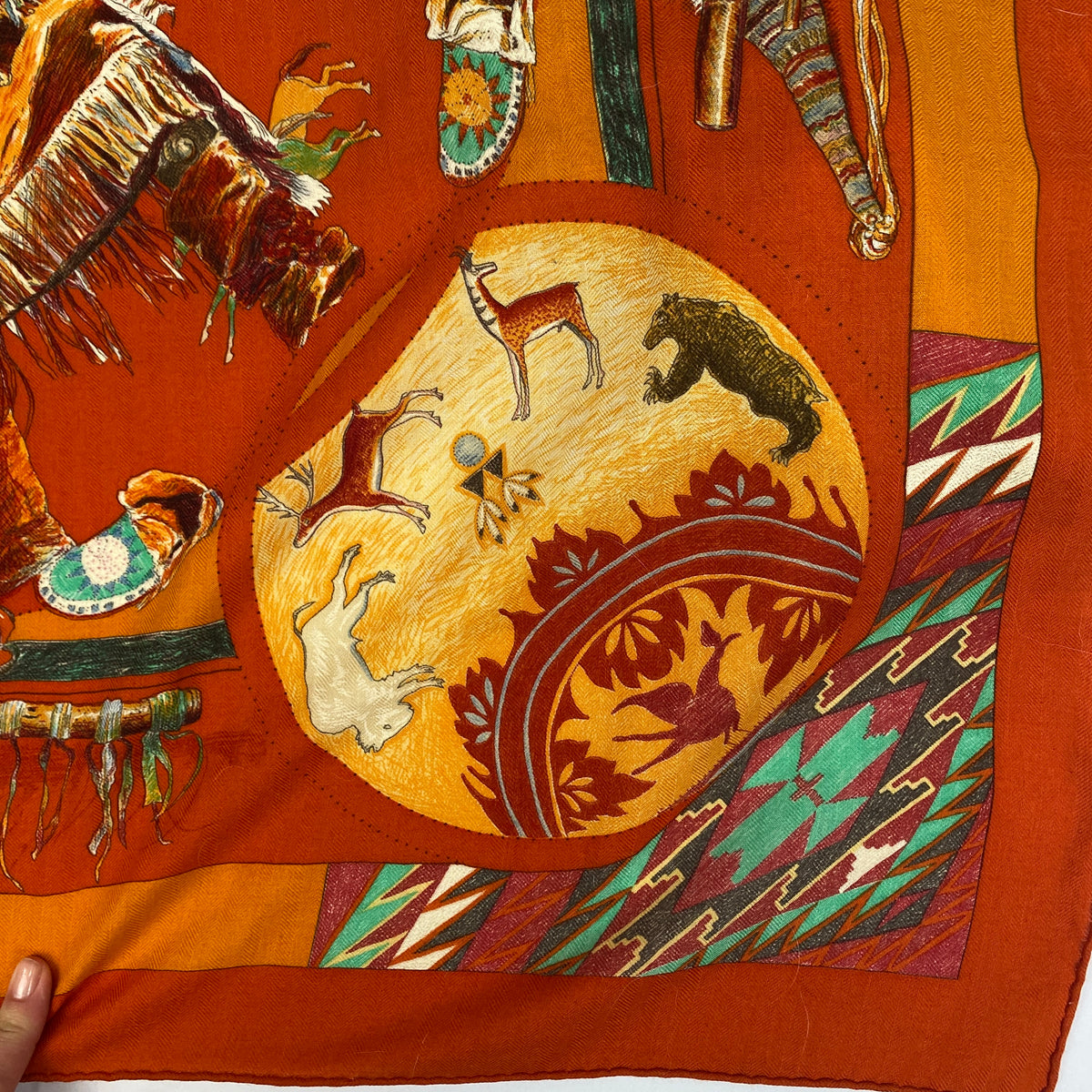 Hermes Orange Les Danses Des Indiens Large 140 Cashmere & Silk Carre Scarf