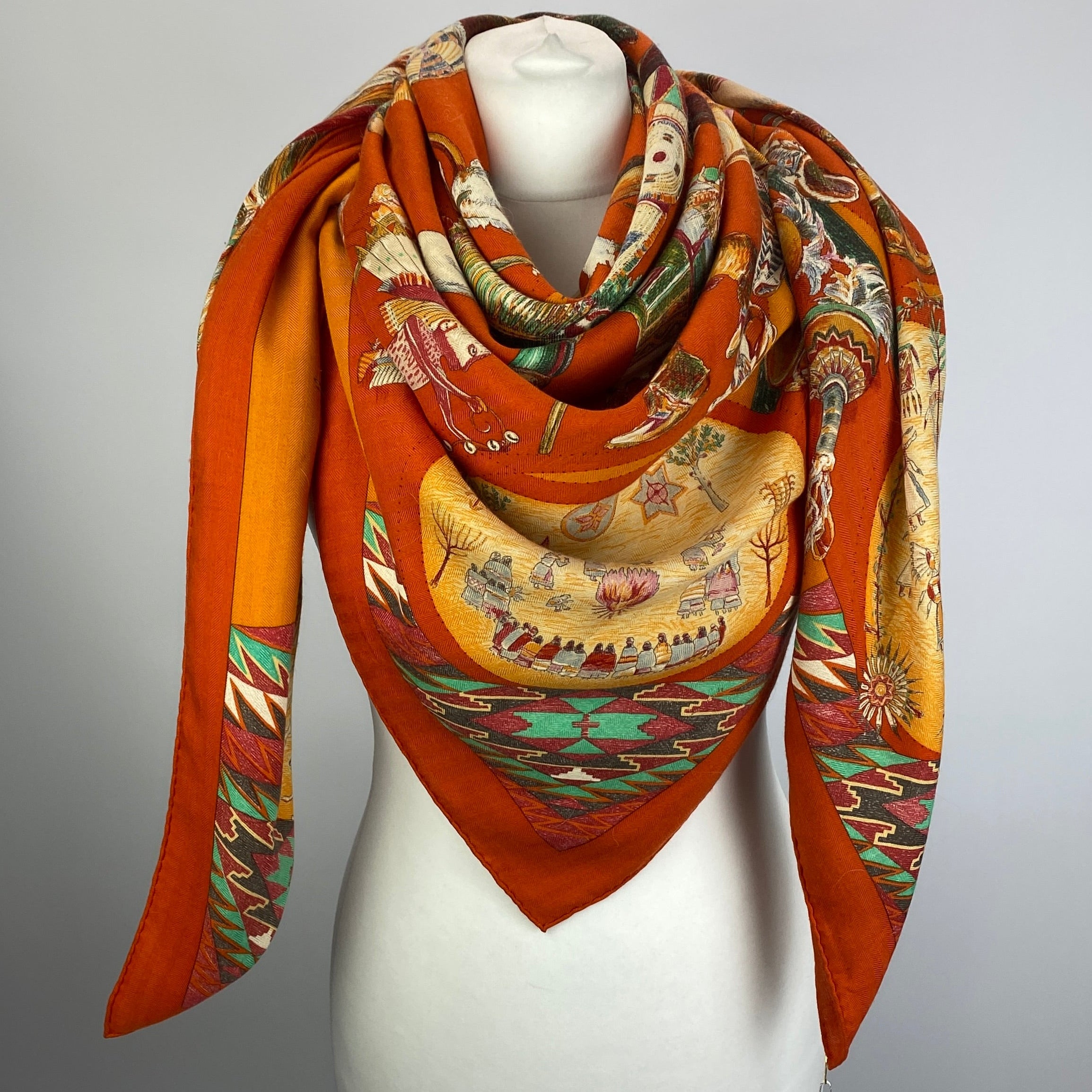 Hermes Orange Les Danses Des Indiens Large 140 Cashmere & Silk Carre Scarf
