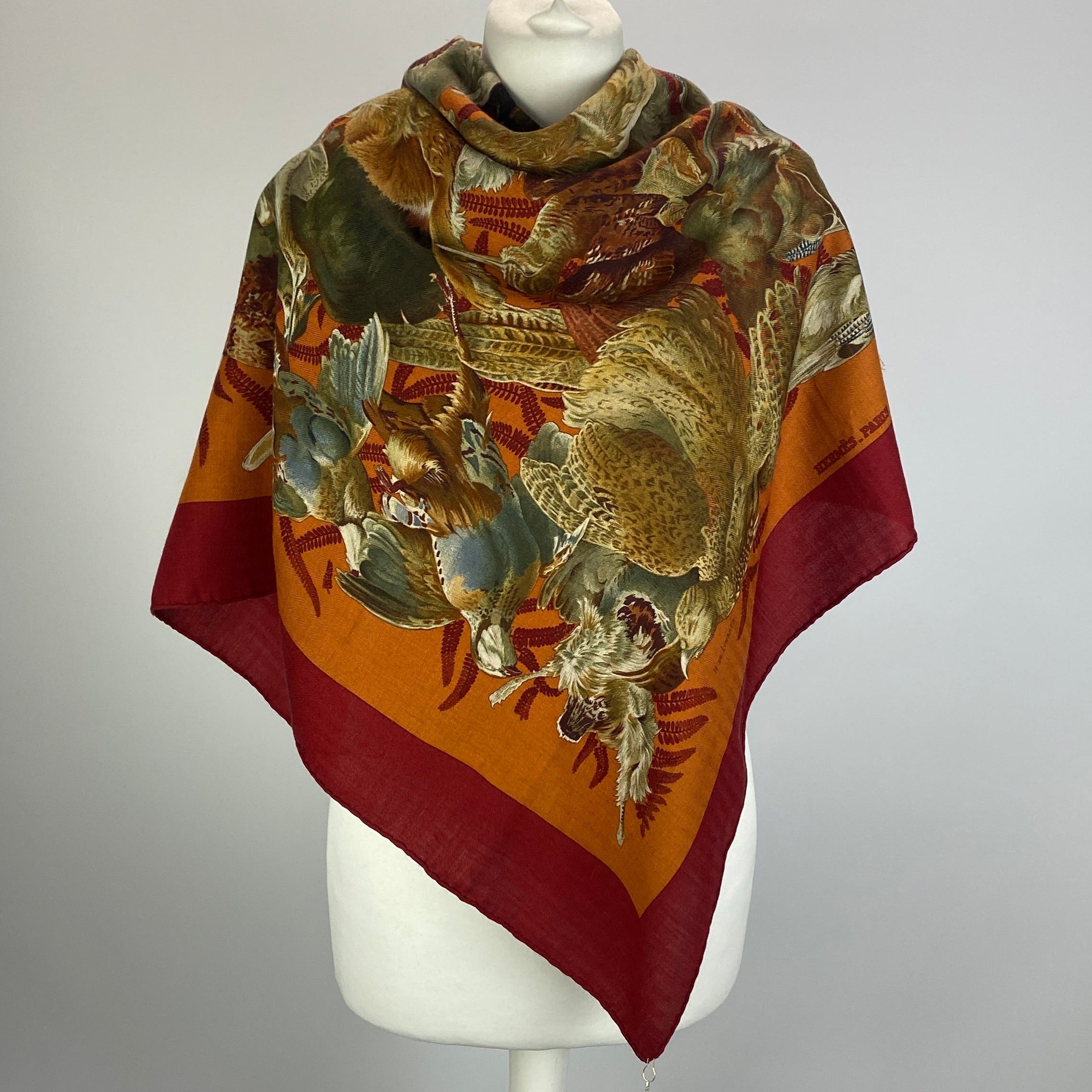 Hermes Burgundy Gibier Game Birds 90 Cashmere & Silk Scarf