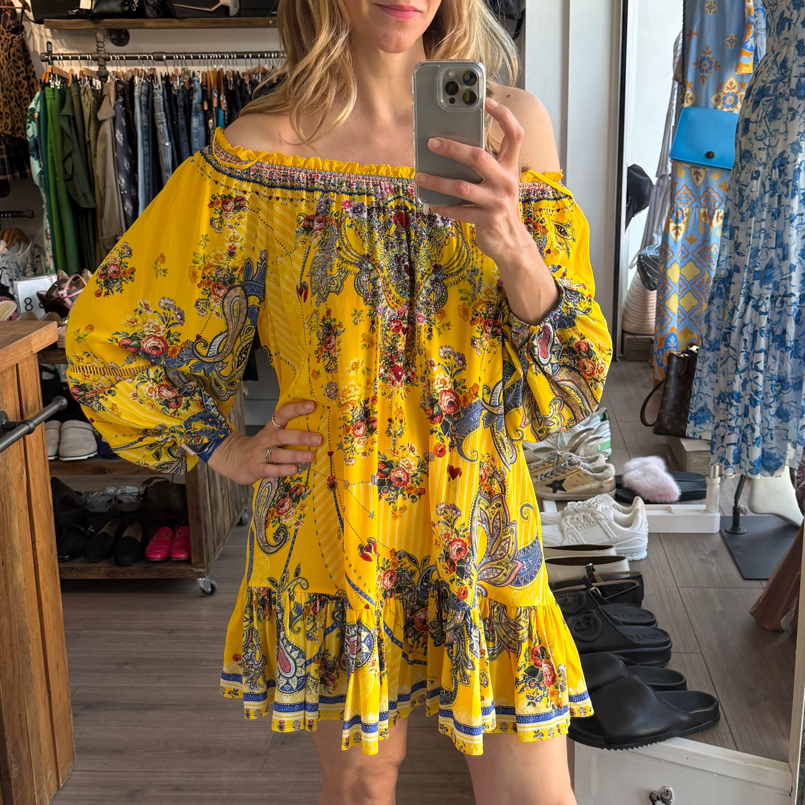 Camilla £650 Yellow Paisley Silk Off/On The Shoulder Minidress XL