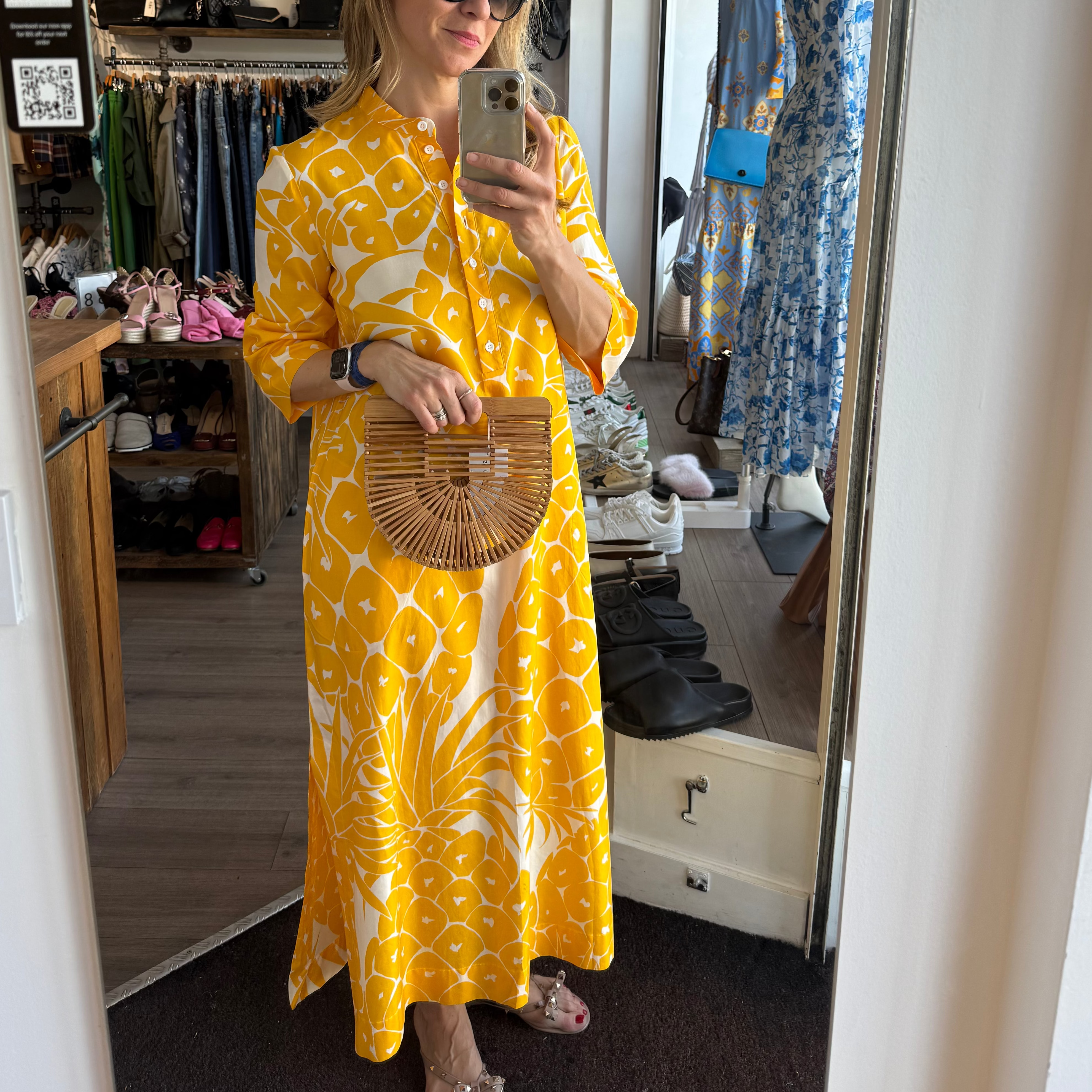 Eres £1130 Yellow Pineapple Print Cotton & Silk Tunic Dress M