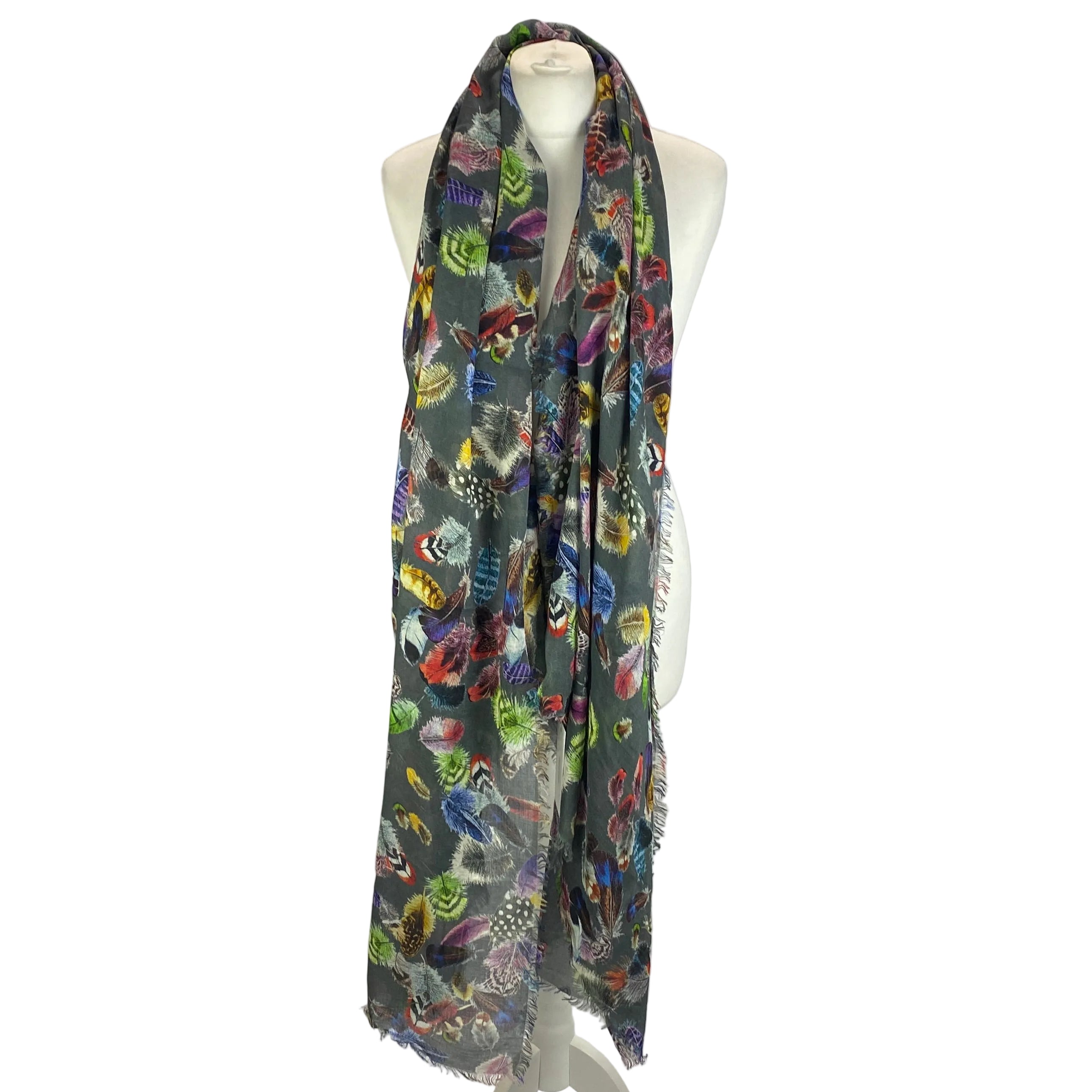 Crimson Cashmere New £280 Grey Featherprint Modal & Cashmere Scarf