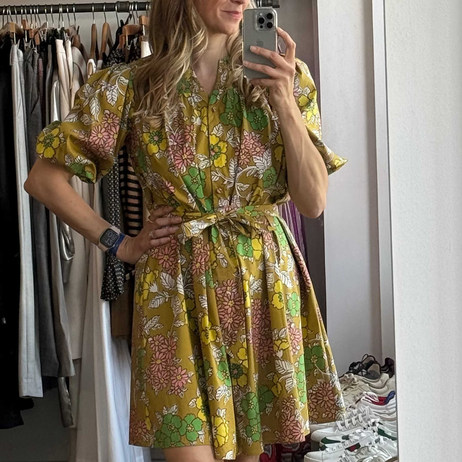 Tory Burch Mustard Floral Belted Midi Dress M