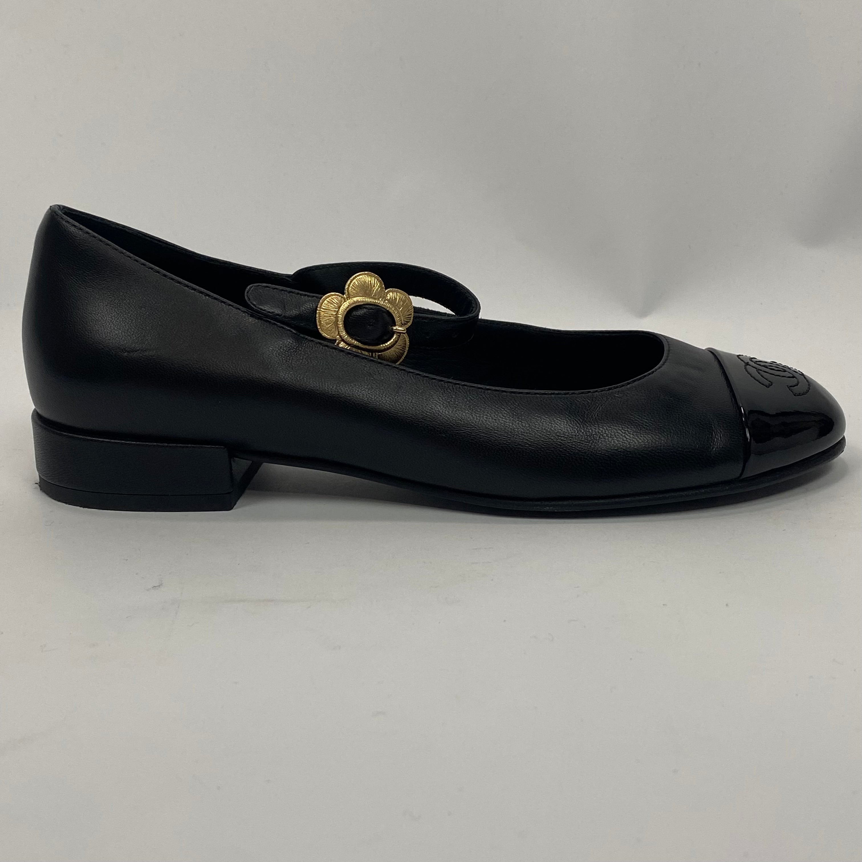 Chanel Black Leather Mary Jane Flats 36