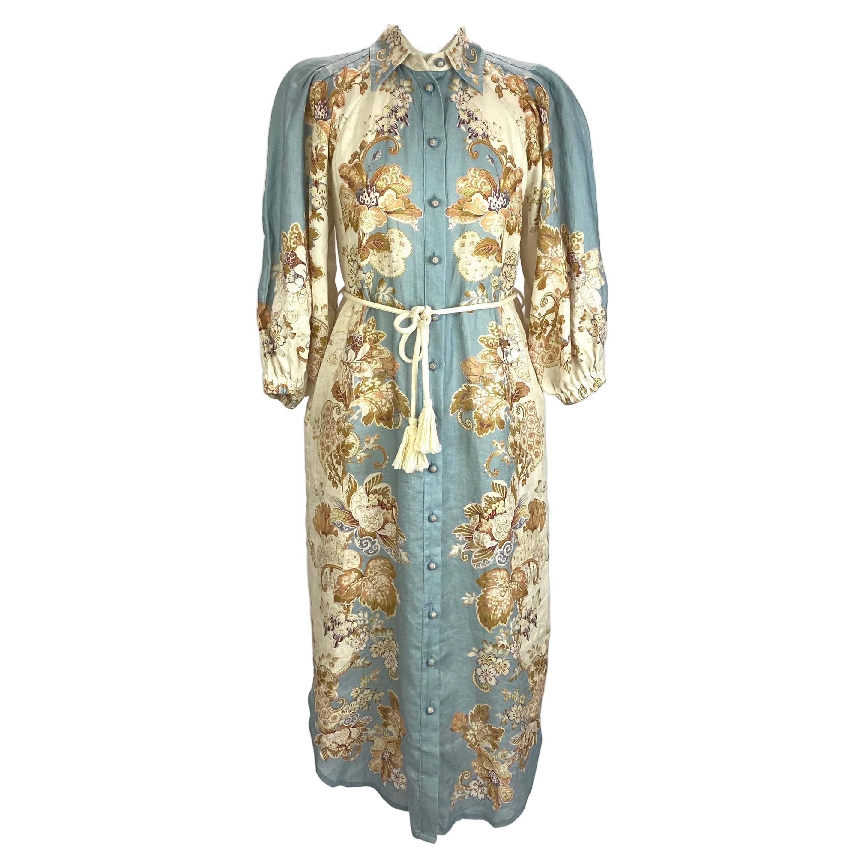 Alemais £475 Blue & Cream Blythe Linen Shirtdress XXS/XS/S
