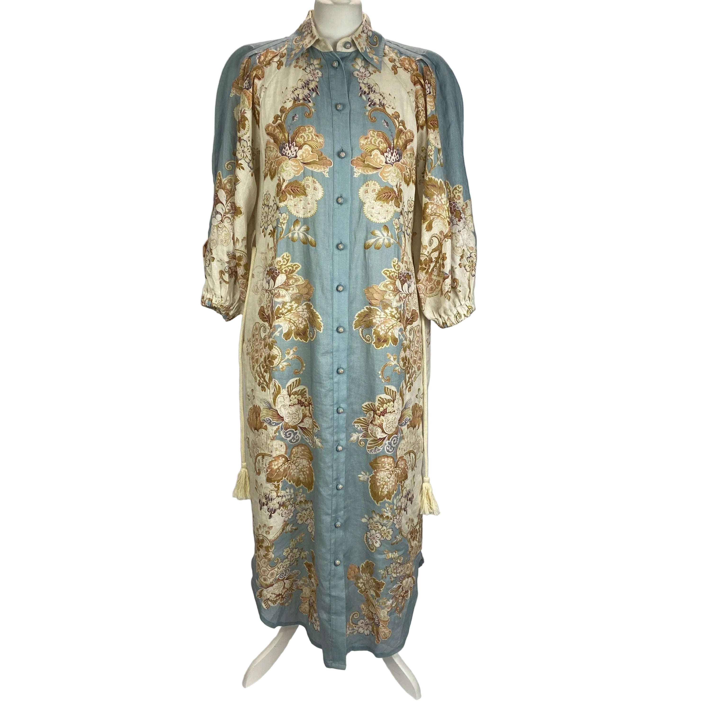 Alemais £475 Blue & Cream Blythe Linen Shirtdress XXS/XS/S