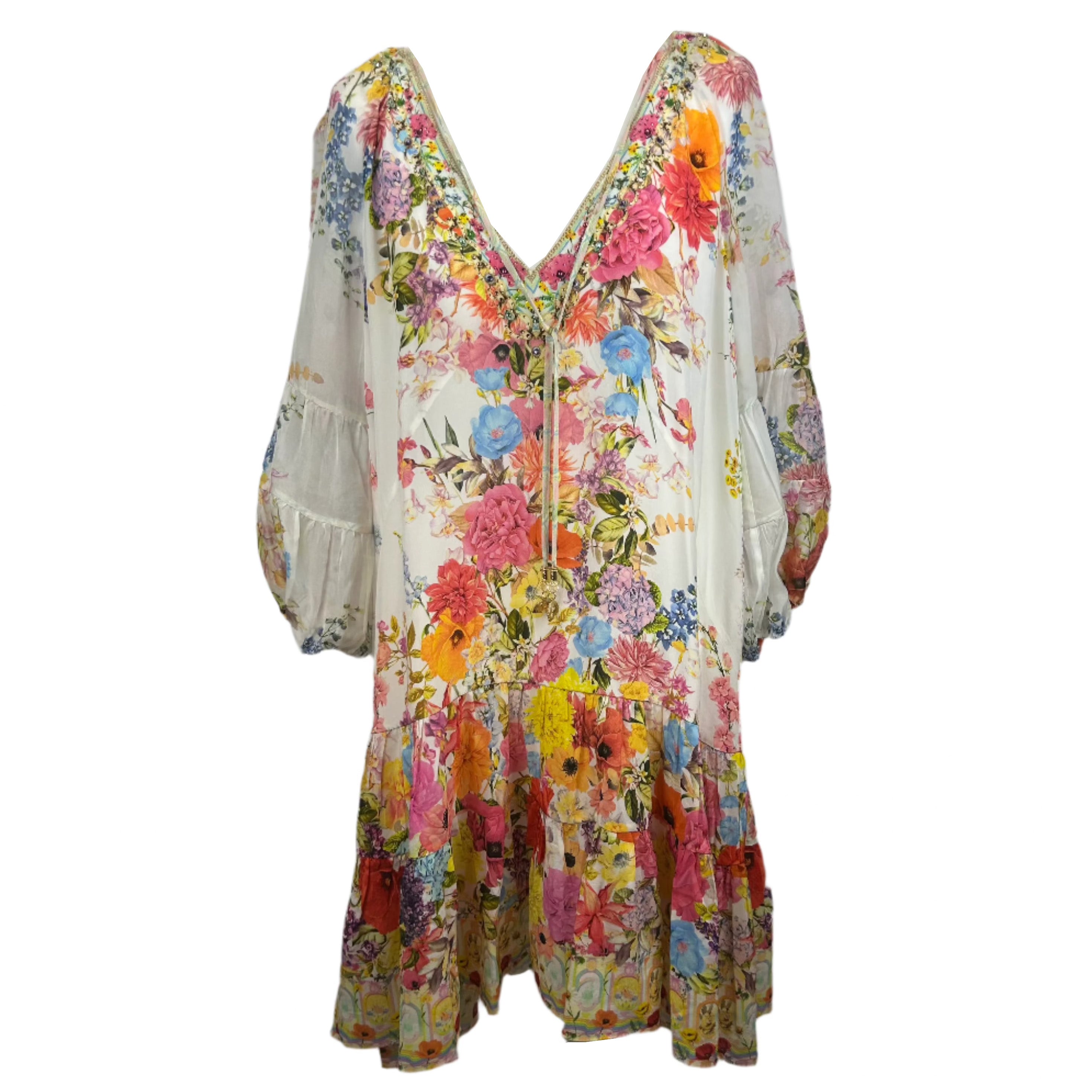 Camilla £650 White English Garden Print Silk Midi Dress L