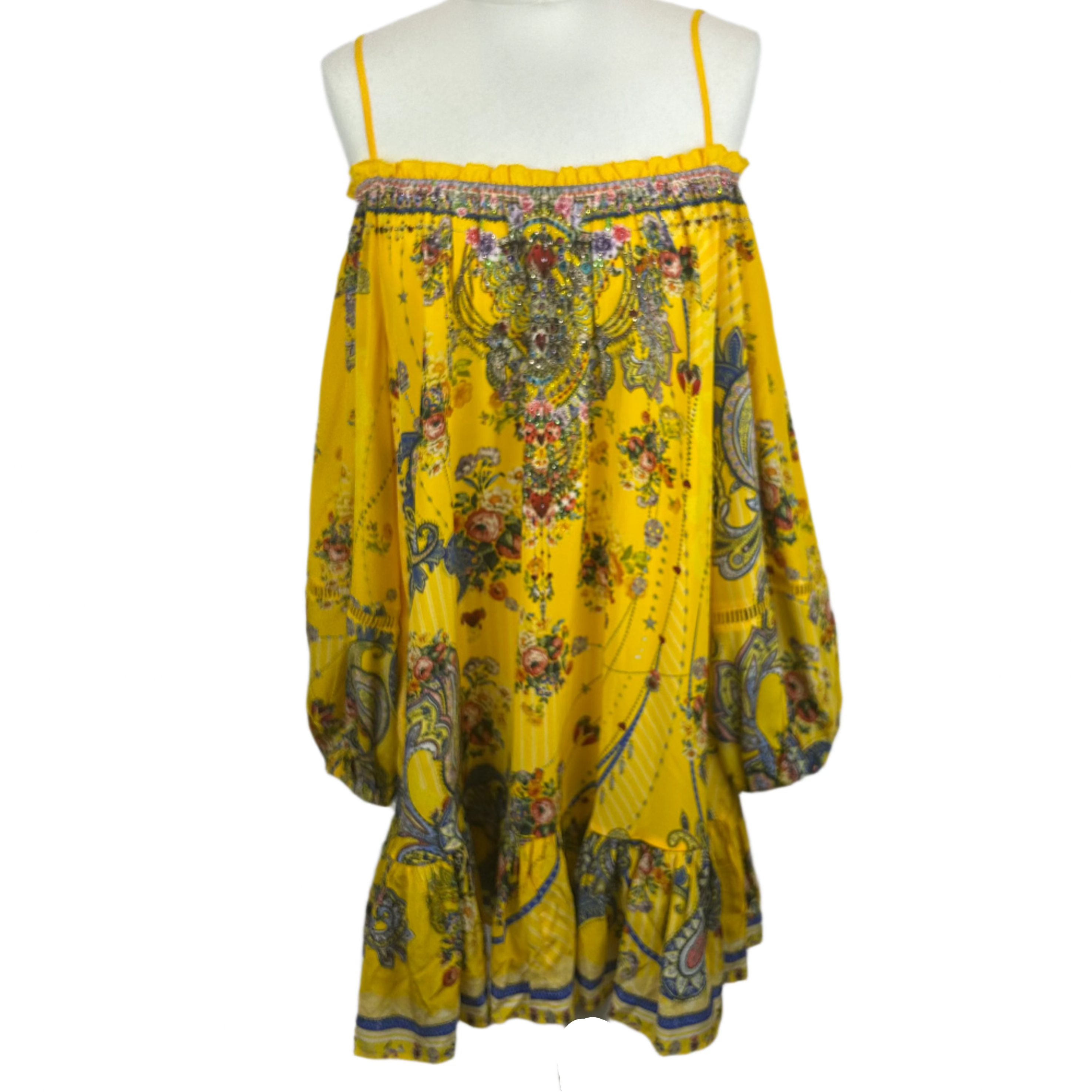 Camilla £650 Yellow Paisley Silk Off/On The Shoulder Minidress XL
